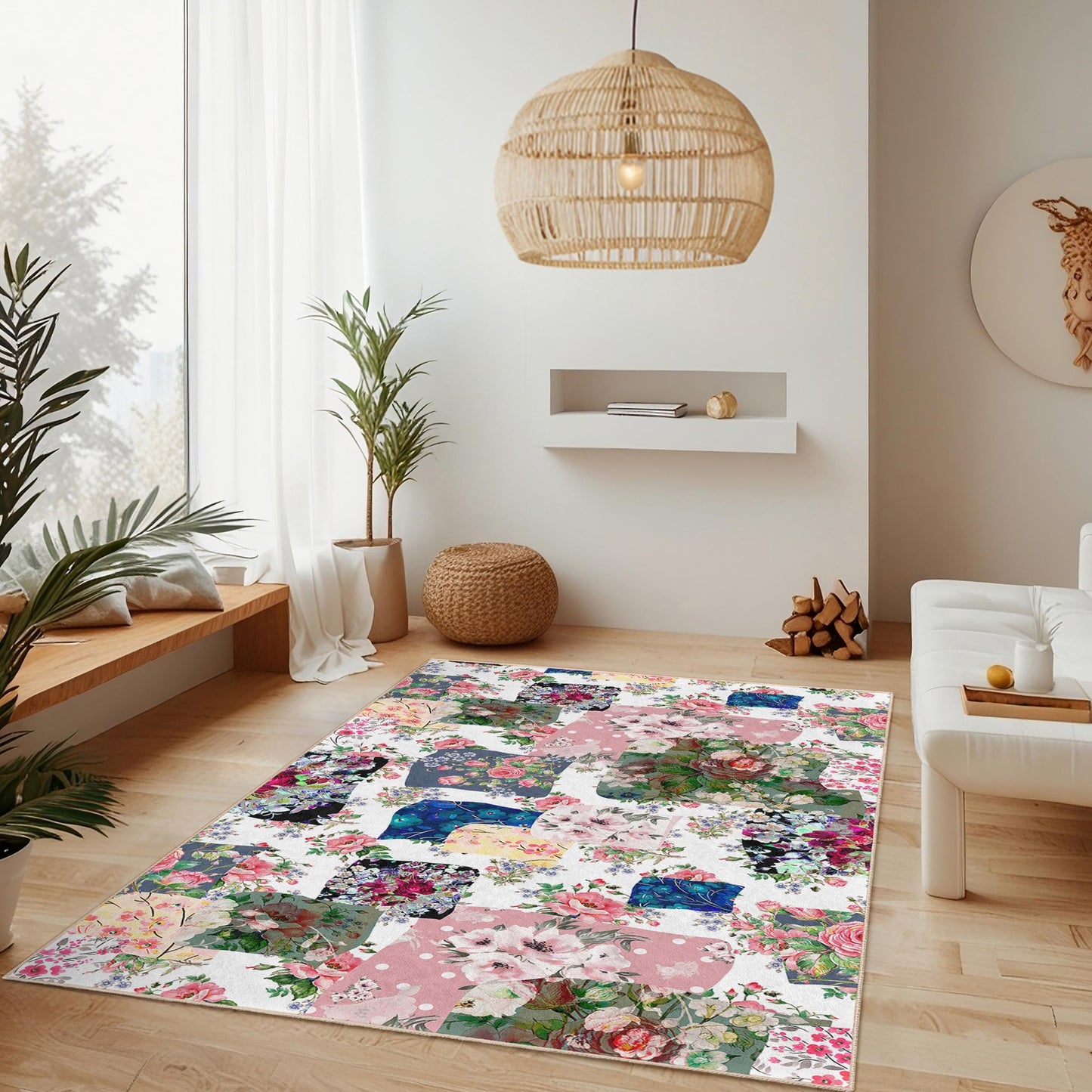Rechteckiger Teppich mit lebhaftem Blumenmuster im Patchwork-Stil, Boho-Blumenteppich fürs Wohnzimmer, weicher Dekoteppich, einzigartige Wohnaccessoires