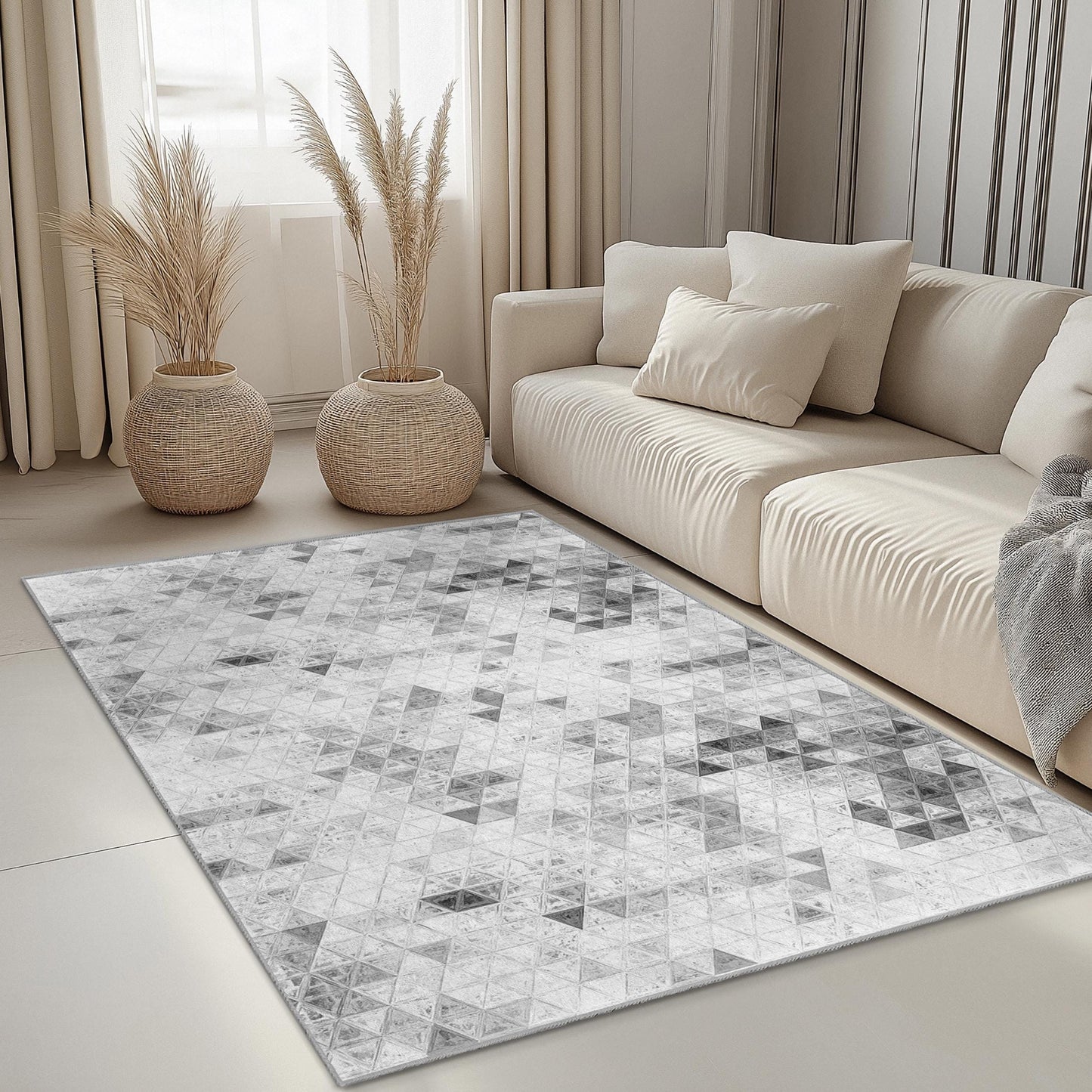 Eleganter geometrischer Rechteckteppich, moderner Dreiecksteppich, Wohnzimmerteppich, zeitgenössische Wohndekoration, weiche Bodenmatte