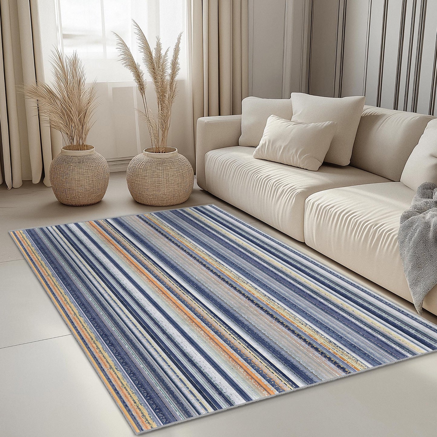Eleganter gestreifter Teppich, rechteckiger Wohnzimmerteppich, weicher Dekoteppich, stilvolle Wohndekoration, modernes Streifendesign