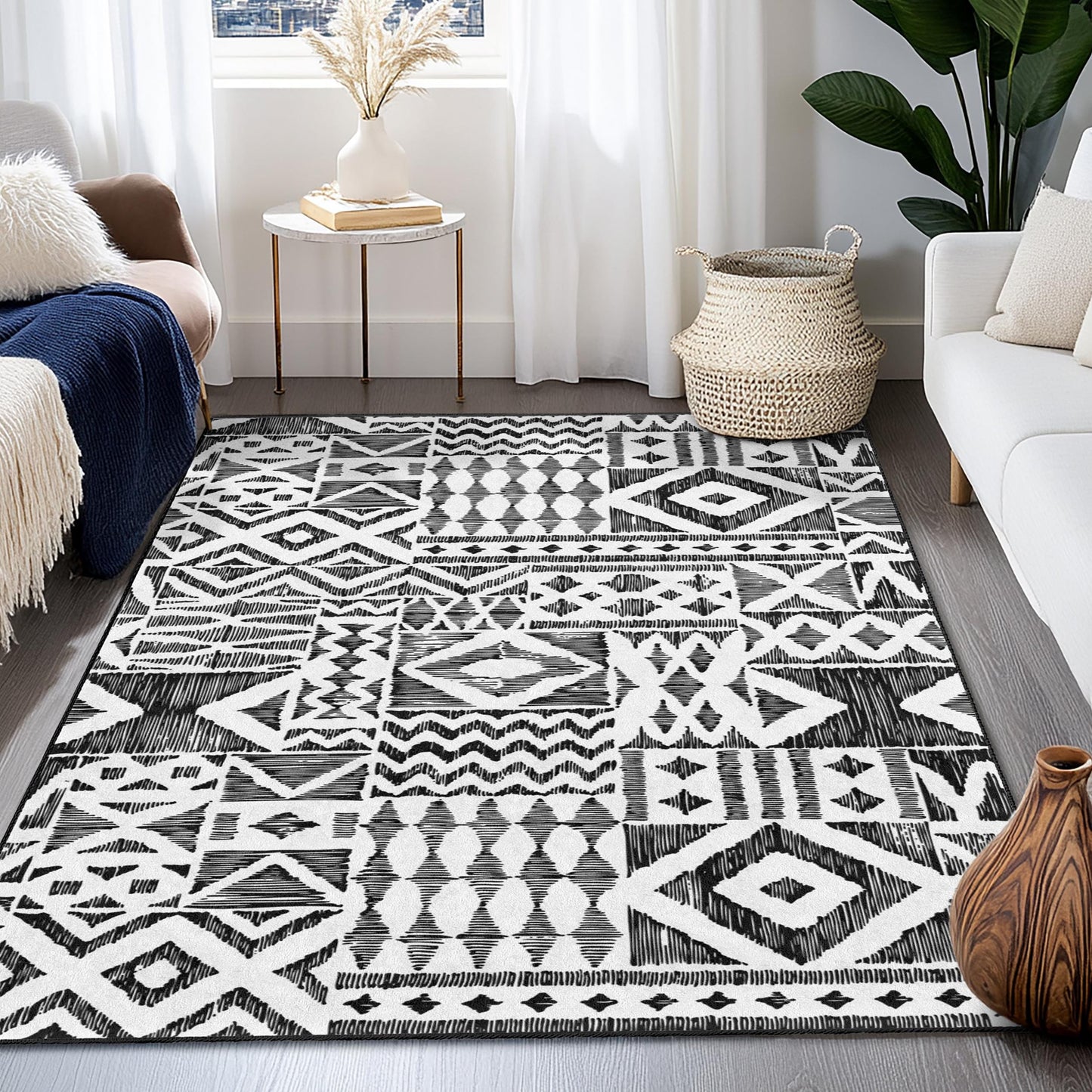 Bohème-Teppich mit geometrischem Muster, rechteckiger Teppich fürs Wohnzimmer, moderner schwarz-weißer Teppich, stilvolle Wohndekoration