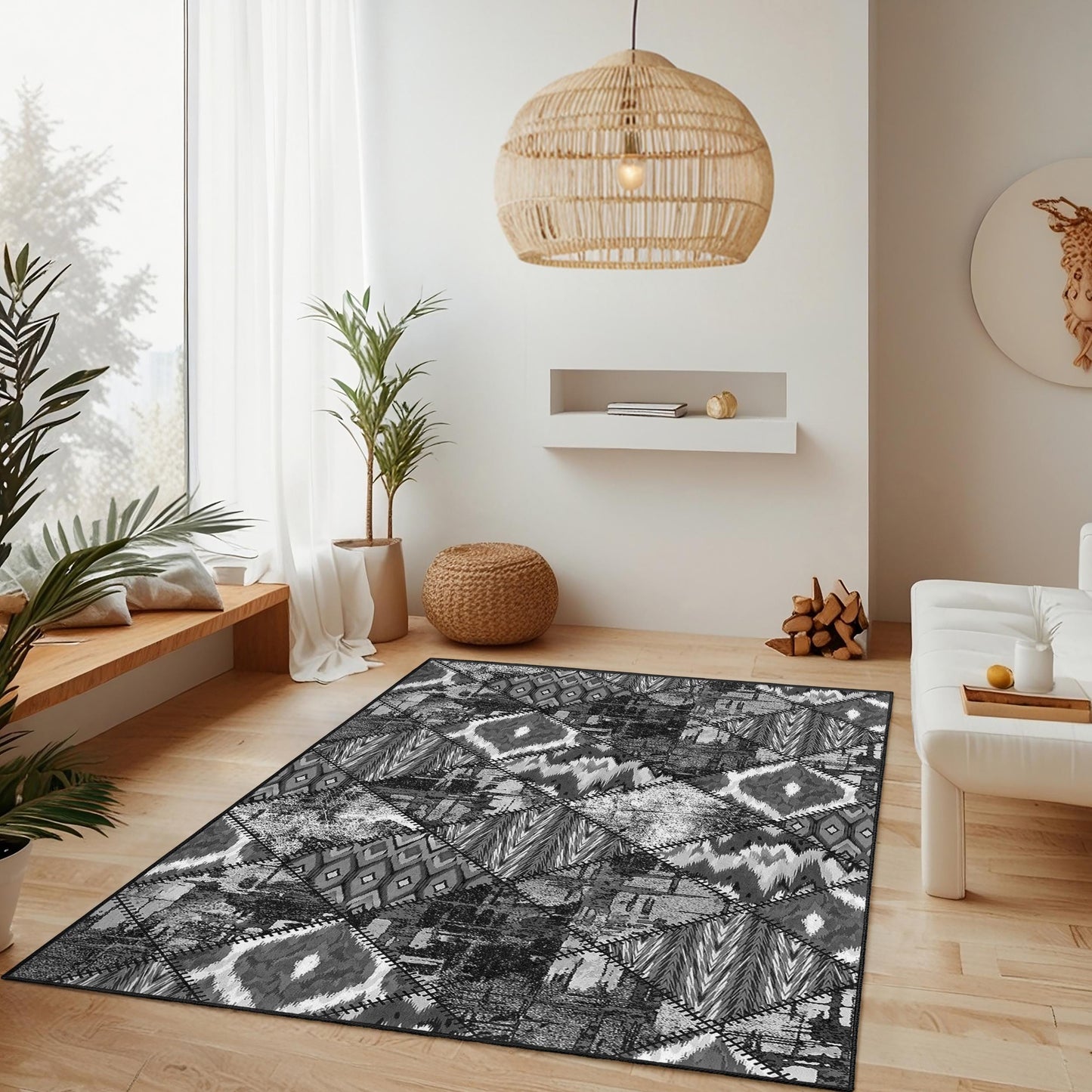 Geometrischer Teppich in Schwarz-Weiß: Moderner Teppich mit Rautenmuster