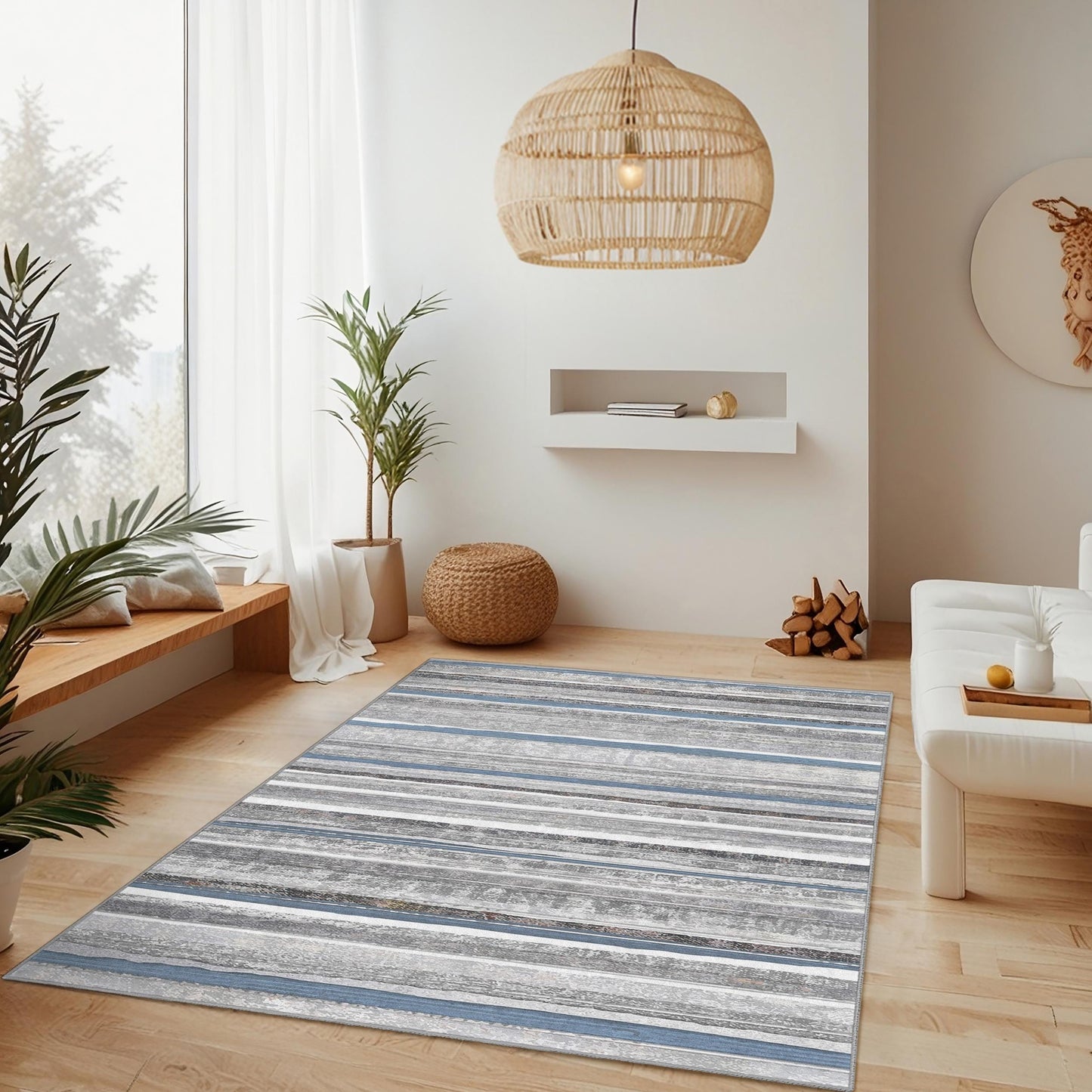 Eleganter, gestreifter Teppich, rechteckiger Wohnzimmerteppich, stilvolle Wohndekoration, moderner grauer und blauer Teppich, weicher Teppich für den Innenbereich