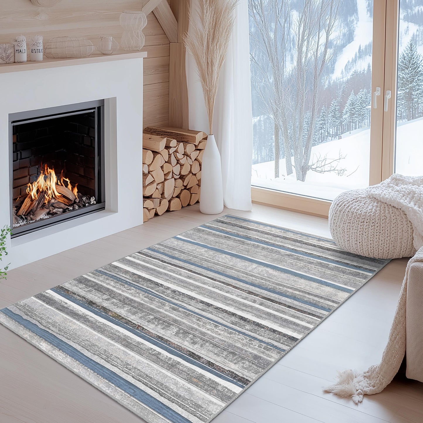 Eleganter, gestreifter Teppich, rechteckiger Wohnzimmerteppich, stilvolle Wohndekoration, moderner grauer und blauer Teppich, weicher Teppich für den Innenbereich