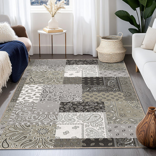 Elegant Black and White Patchwork Area Rug, Rectangular Vintage Design, Chic Home Decor, Indoor Carpet for Living Room