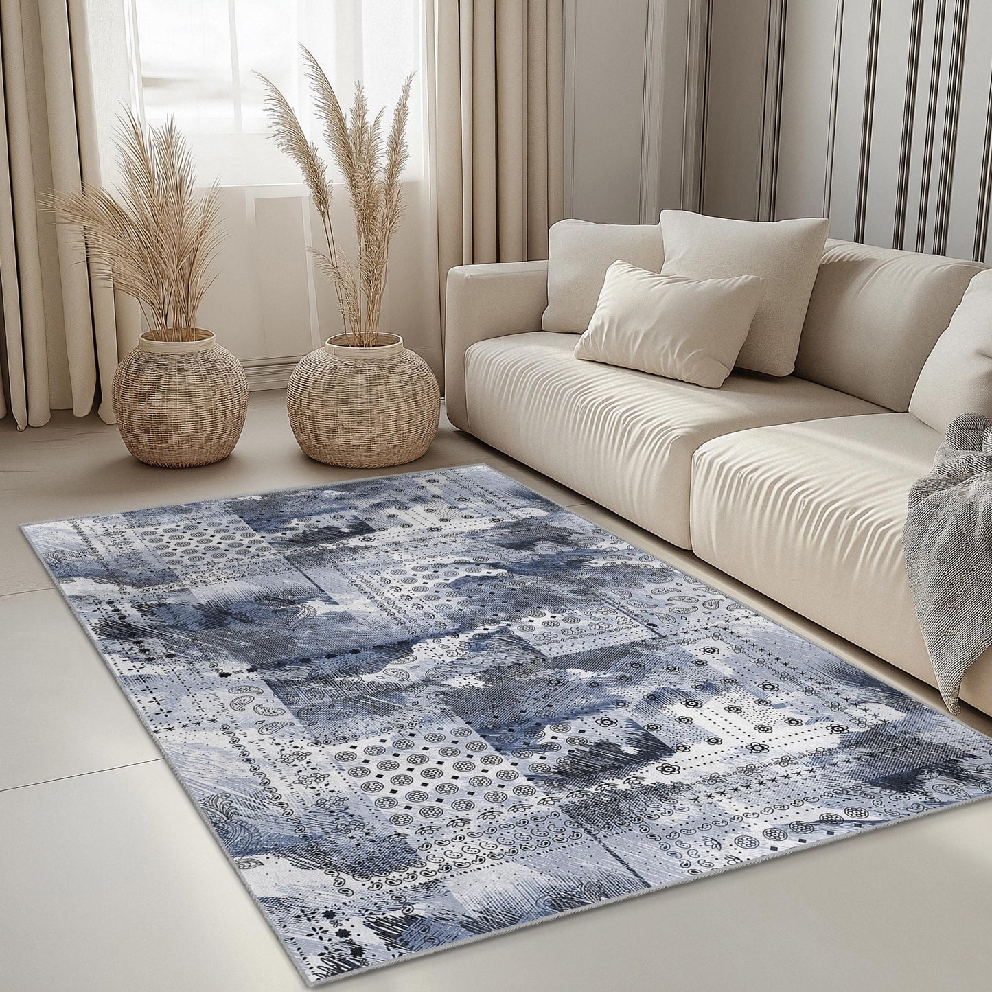 Abstrakter geometrischer Teppich: Moderne Kunst, Blau &amp; Grau