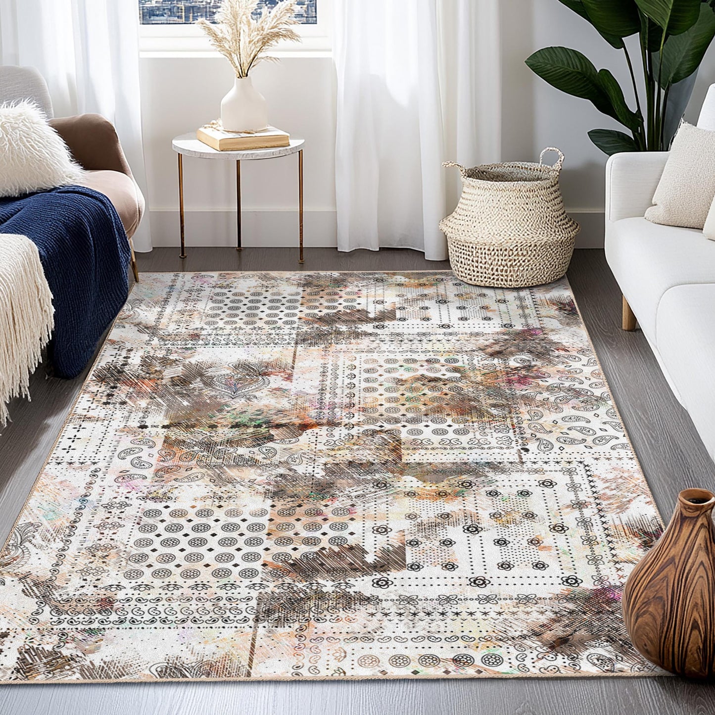 Rechteckiger Teppich mit abstraktem Blumenmuster, modernes Design, ideal für Kinderzimmer, Spielzimmer und Wohnzimmer, weicher Indoor-Teppich