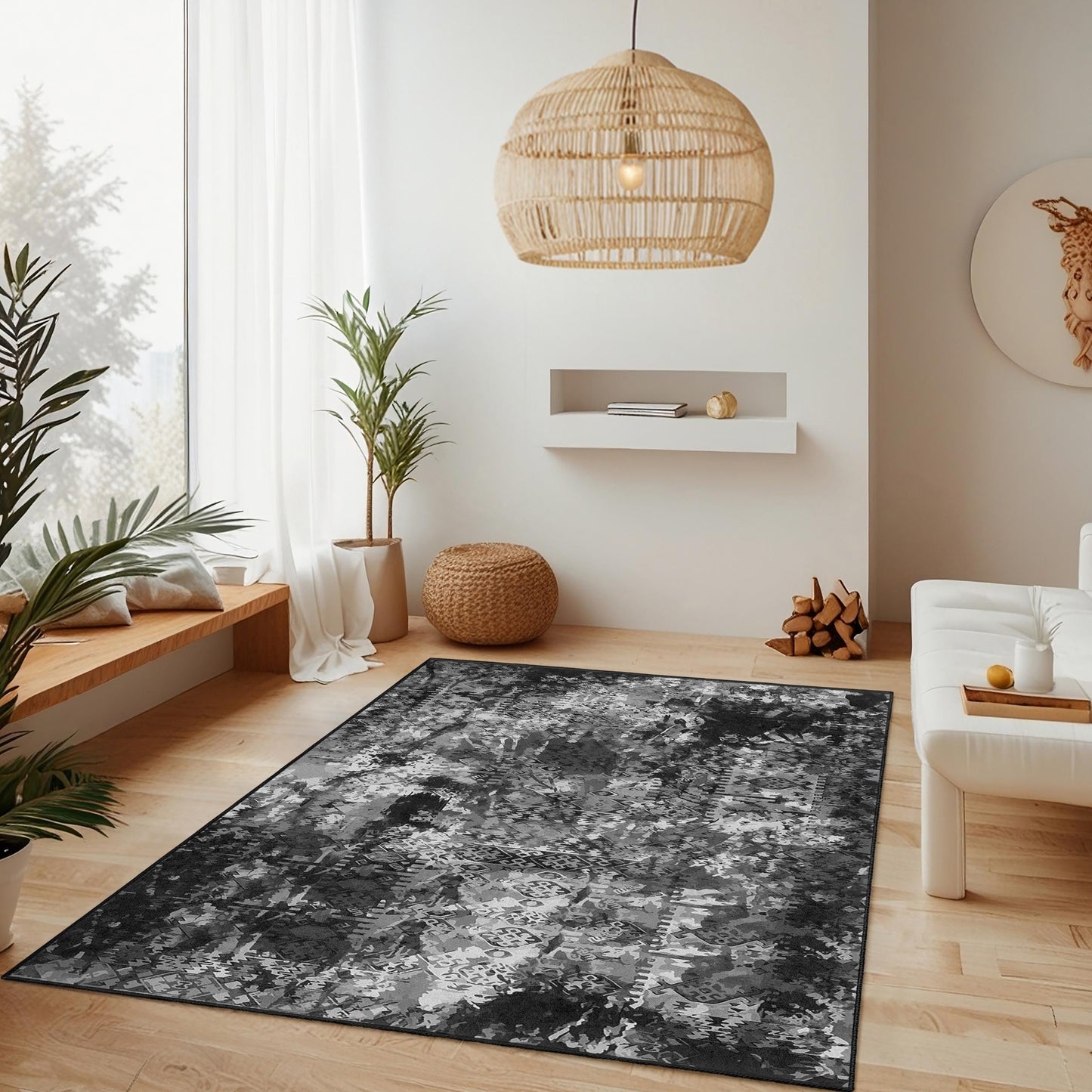 Abstrakter rechteckiger Teppich in Schwarz-Weiß, moderner Musterteppich, dekorativer Wohnzimmerteppich, stilvoller Schlafzimmerteppich, Wohnaccessoire