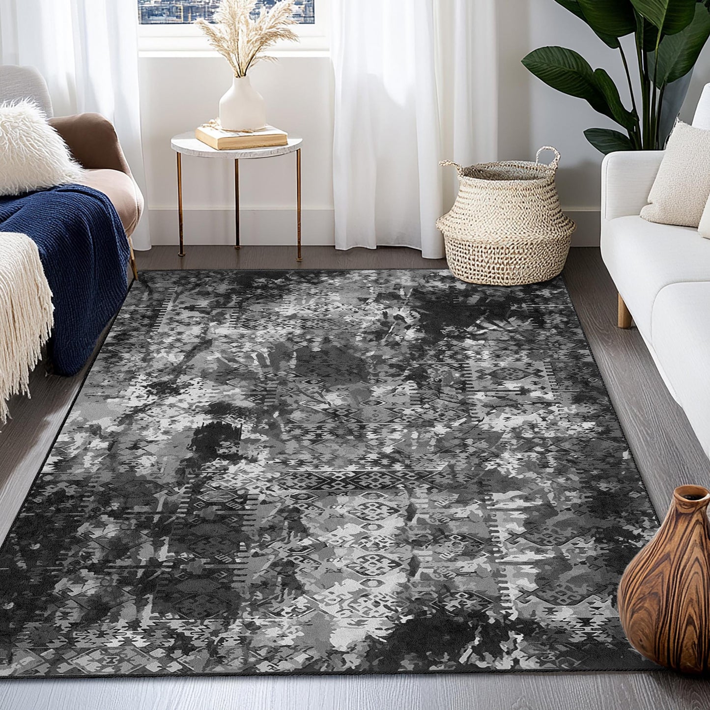 Abstrakter rechteckiger Teppich in Schwarz-Weiß, moderner Musterteppich, dekorativer Wohnzimmerteppich, stilvoller Schlafzimmerteppich, Wohnaccessoire