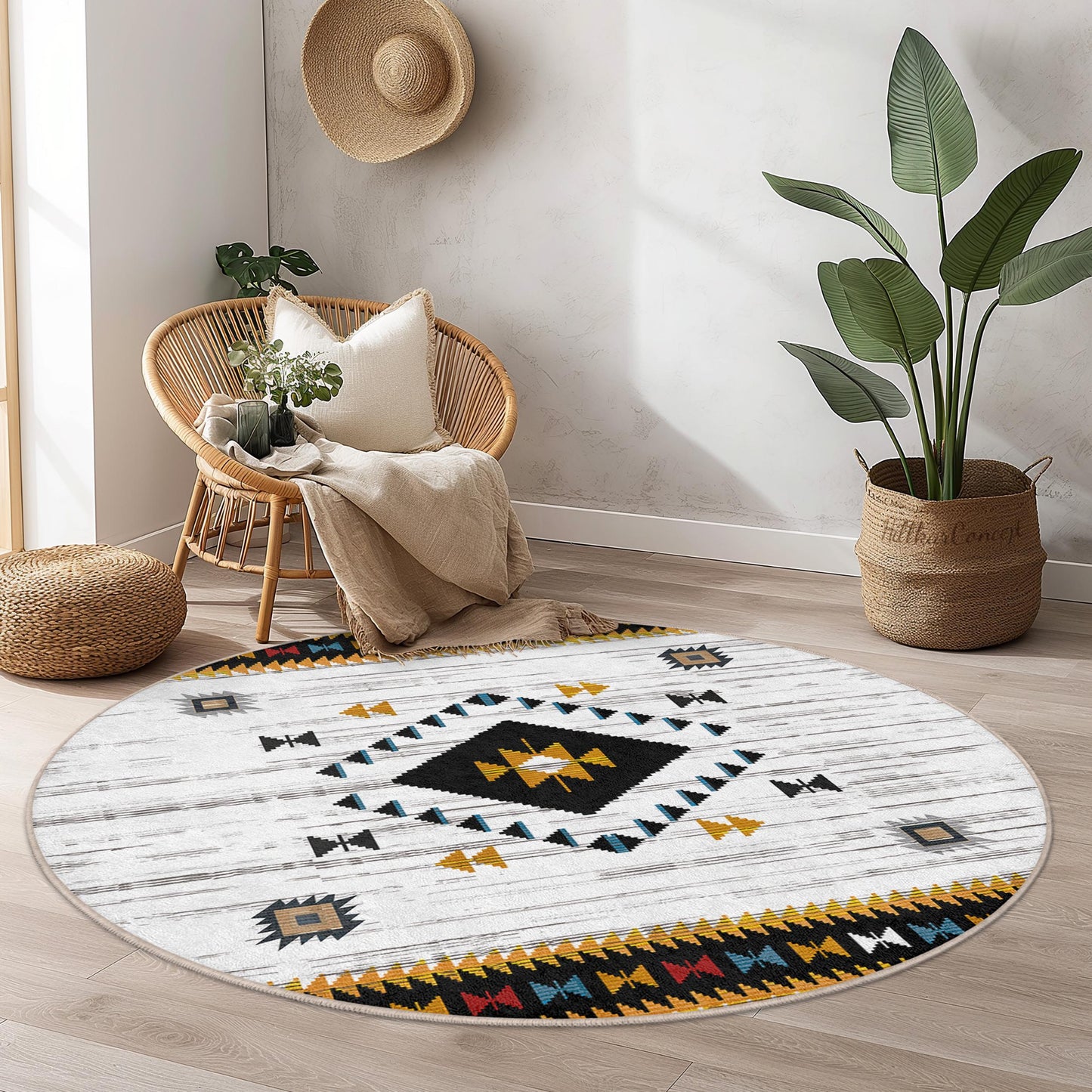 Runder Teppich im Boho-Stil mit geometrischen Mustern, weicher runder Teppich für das Wohnzimmer, stilvoller runder Teppich für die Heimdekoration