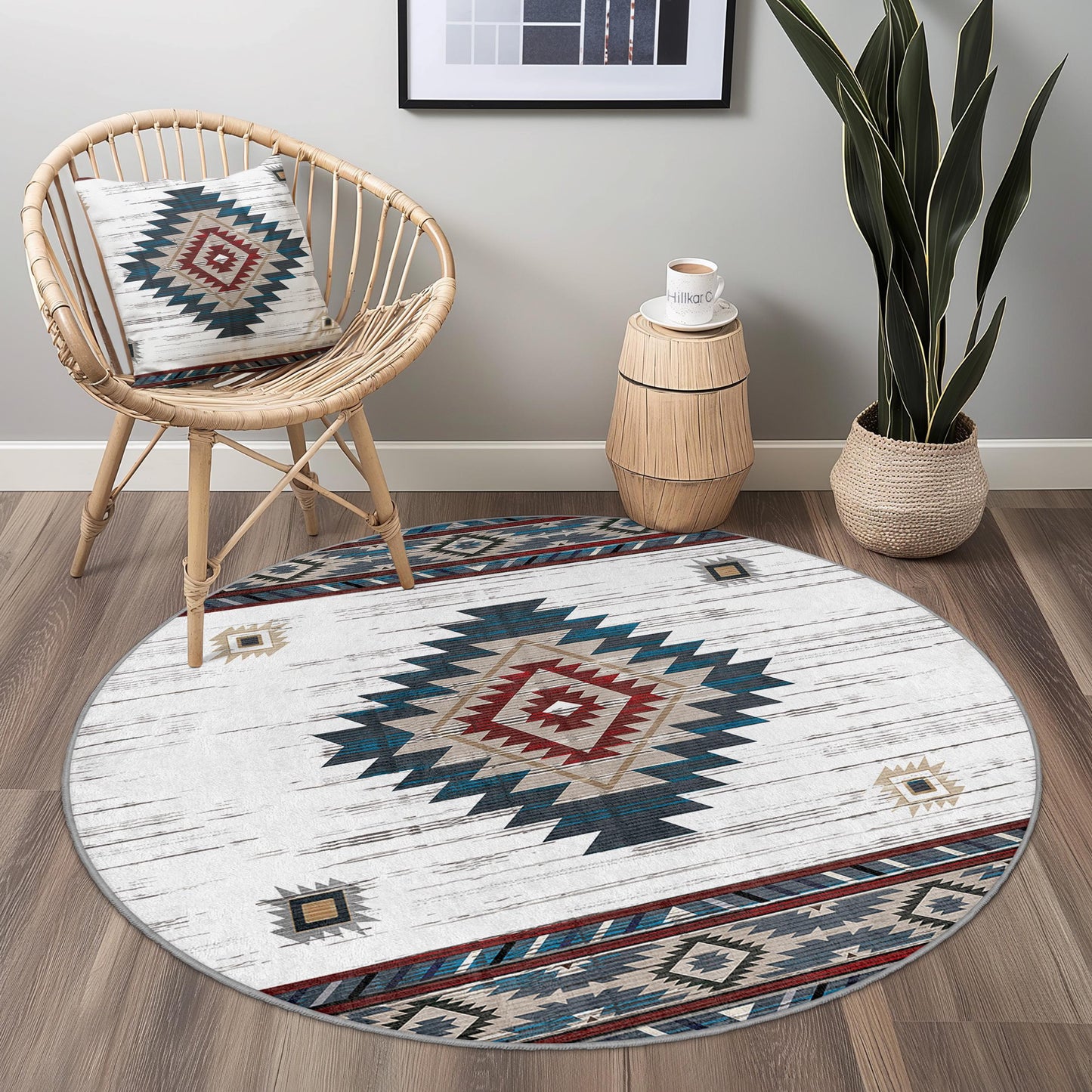 Runder Teppich im Boho-Stil, Teppich mit geometrischem Muster, gemütliche Wohnzimmerdekoration, weicher Schlafzimmerteppich, stilvoller runder Teppich für Zuhause