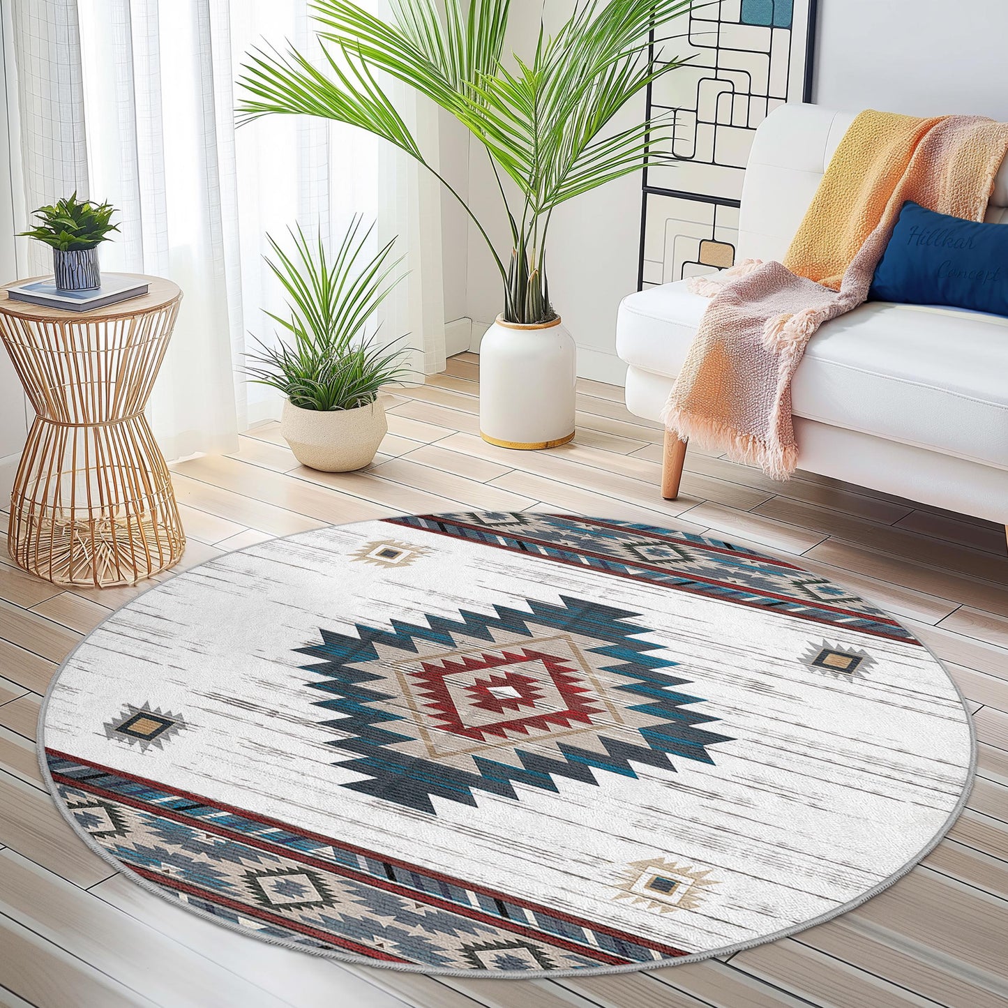 Runder Teppich im Boho-Stil, Teppich mit geometrischem Muster, gemütliche Wohnzimmerdekoration, weicher Schlafzimmerteppich, stilvoller runder Teppich für Zuhause