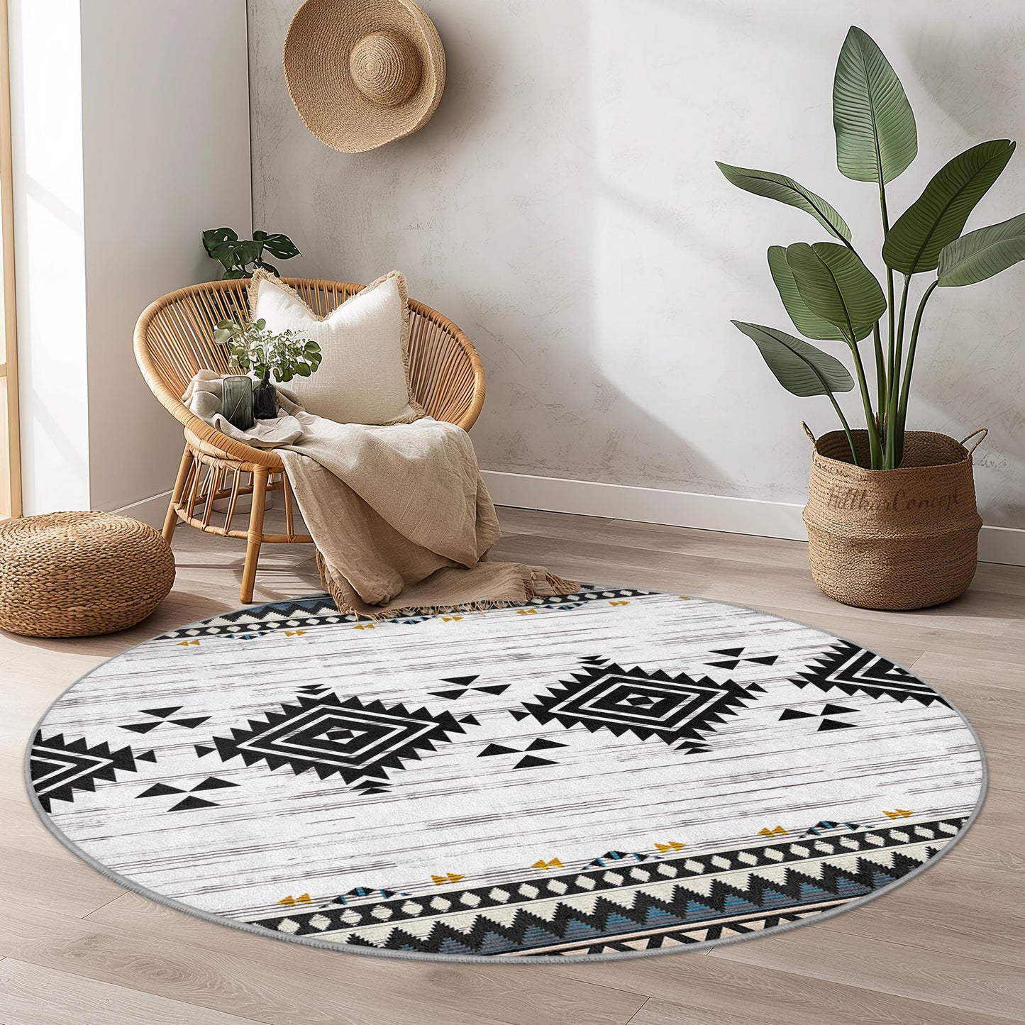 Geometrischer runder Teppich im Bohème-Stil, moderner runder Teppich, Fußmatte mit Ethno-Muster, weiche Wohnzimmerdekoration, Wohnaccessoire-Teppich