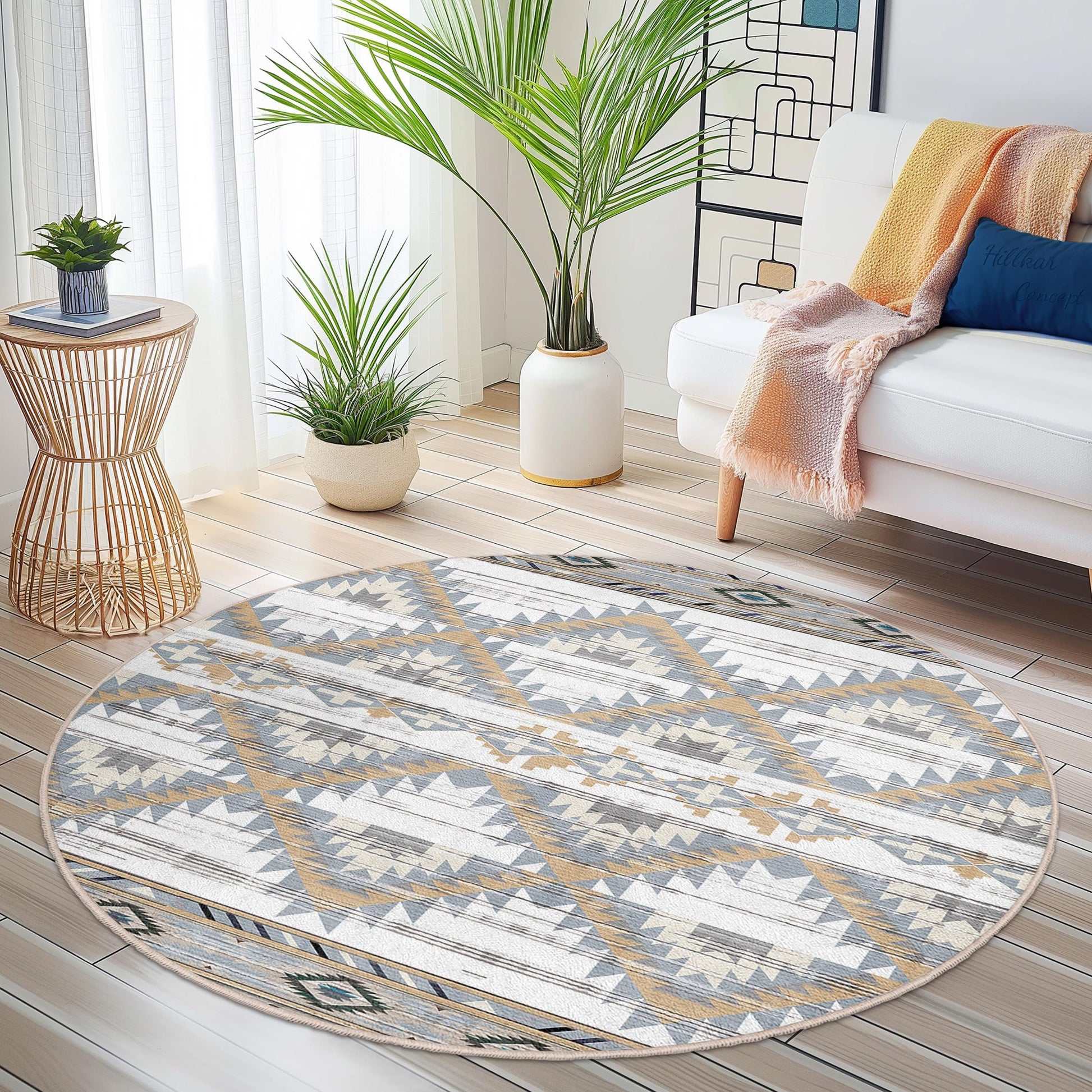 Geometric Pattern Round Area Rug, Modern Circle Carpet, Soft Boho Floor Mat, Decorative Round Rug for Living Room, Bedroom, Kids Room