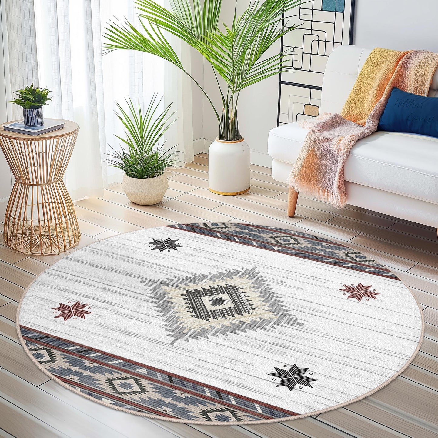 Geometrischer runder Teppich, moderner runder Teppich, runder Teppich im Boho-Stil, Wohnzimmerdekoration, einzigartige runde Fußmatte