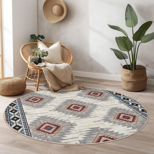 Geometric Round Area Rug, Bohemian Style Circular Carpet, Soft Living Room Rug, Vintage Inspired Decor, Ethnic Patterned Rug