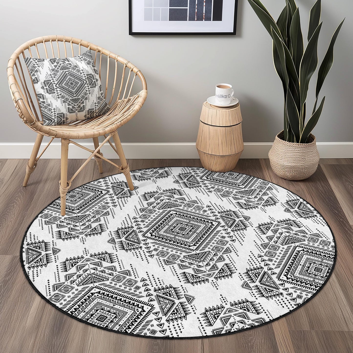 Geometrischer runder Teppich in Schwarz-Weiß, moderner runder Teppich im Ethno-Stil, Boho-Dekor, weicher Wohnzimmerteppich, einzigartiger Bodenbelag
