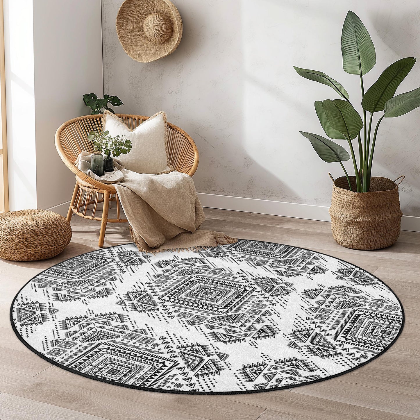 Geometrischer runder Teppich in Schwarz-Weiß, moderner runder Teppich im Ethno-Stil, Boho-Dekor, weicher Wohnzimmerteppich, einzigartiger Bodenbelag