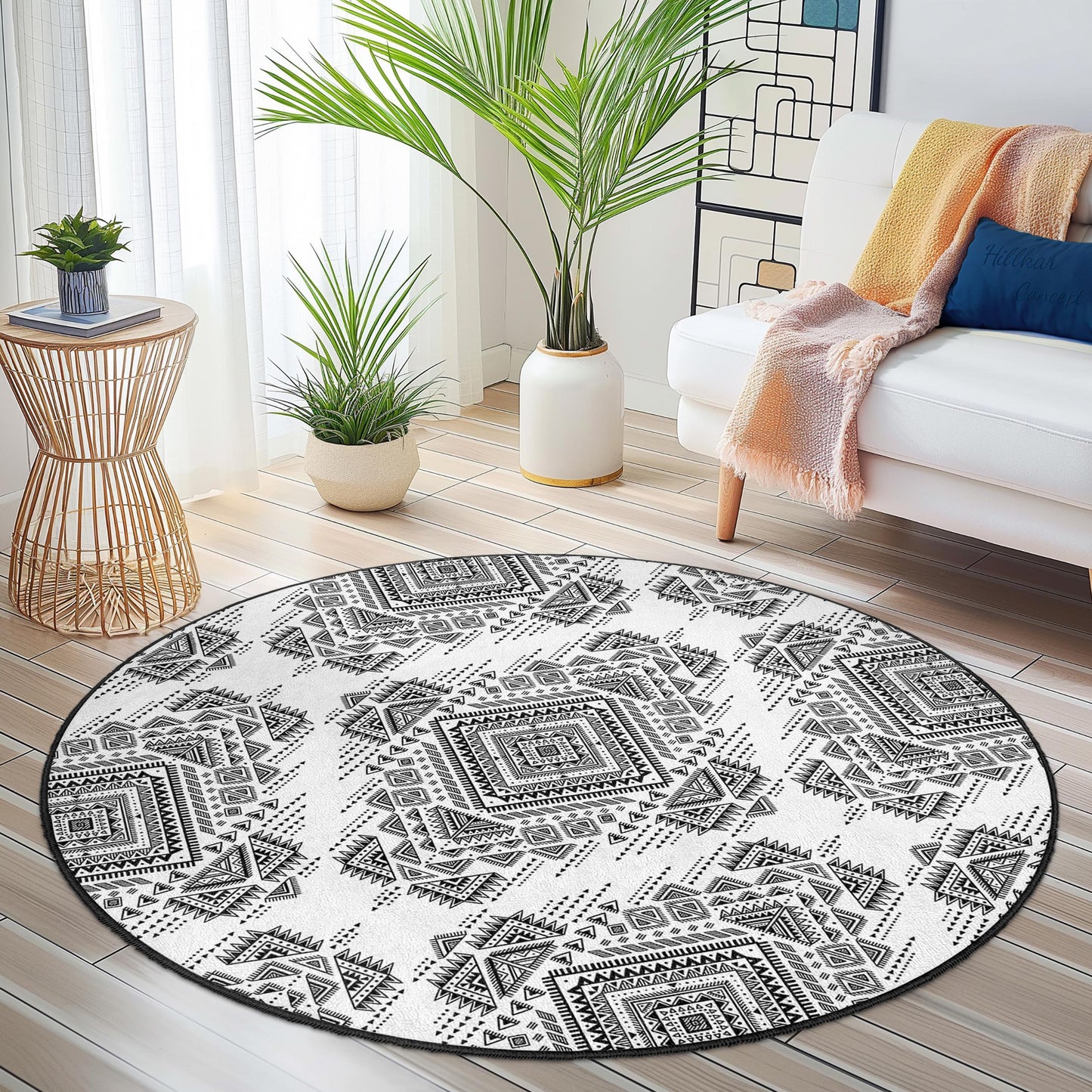 Geometrischer runder Teppich in Schwarz-Weiß, moderner runder Teppich im Ethno-Stil, Boho-Dekor, weicher Wohnzimmerteppich, einzigartiger Bodenbelag