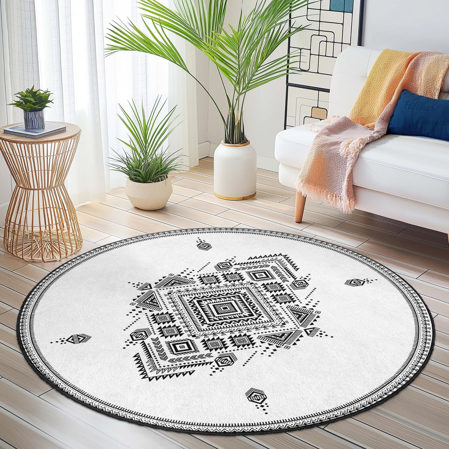 Eleganter, geometrischer, runder Teppich, moderner runder Wohnzimmerteppich, runde Fußmatte im Bohème-Stil, dekorativer runder Teppich