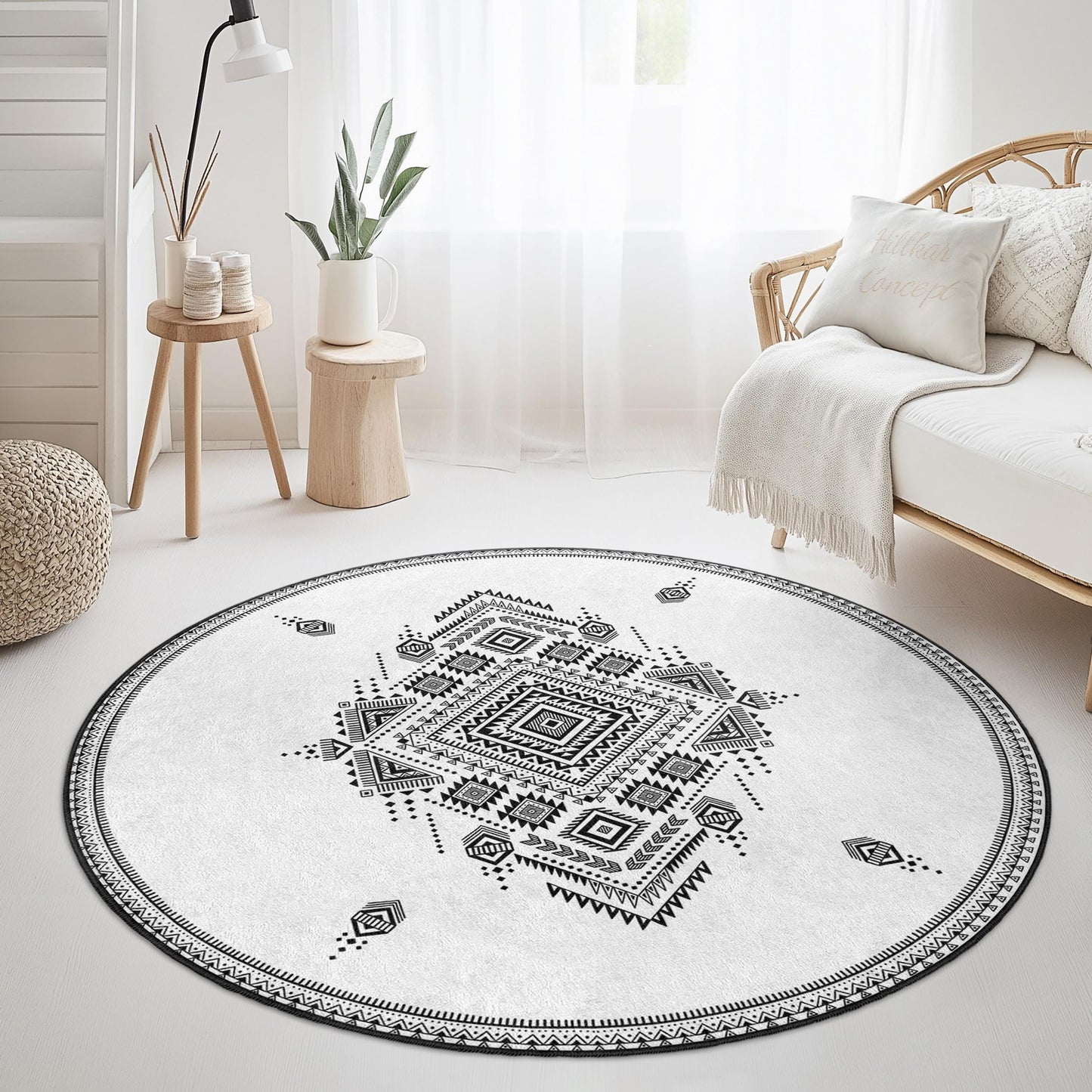 Eleganter, geometrischer, runder Teppich, moderner runder Wohnzimmerteppich, runde Fußmatte im Bohème-Stil, dekorativer runder Teppich