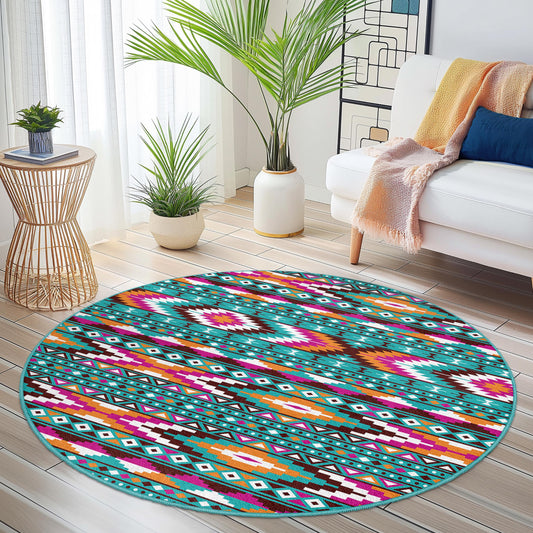 Colorful Geometric Round Area Rug, Bohemian Style Carpet, Soft Round Rug, Vibrant Home Decor, Living Room or Bedroom Accent