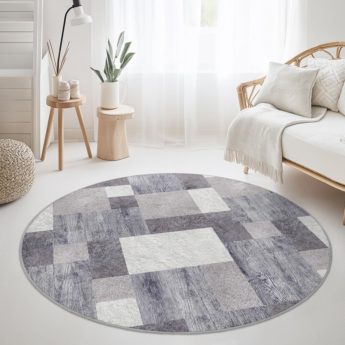 Moderner geometrischer runder Teppich, stilvoller grauer runder Teppich, weicher Wohnzimmerteppich, zeitgenössischer runder Teppich, einzigartige Wohnaccessoires