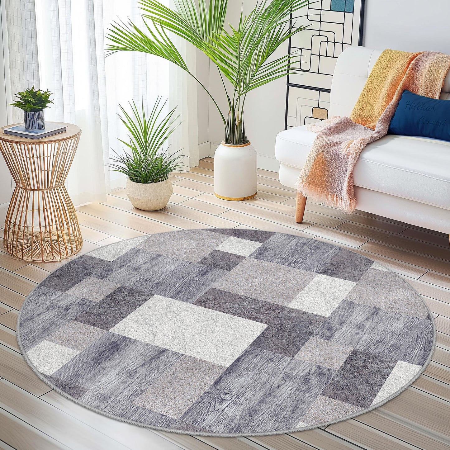 Moderner geometrischer runder Teppich, stilvoller grauer runder Teppich, weicher Wohnzimmerteppich, zeitgenössischer runder Teppich, einzigartige Wohnaccessoires