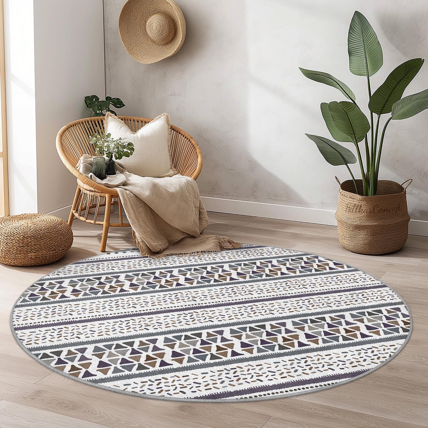 Runder Teppich mit geometrischem Muster, moderner runder Teppich, weiche Bodenmatte fürs Wohnzimmer, stilvoller runder Teppich, Wohnaccessoires