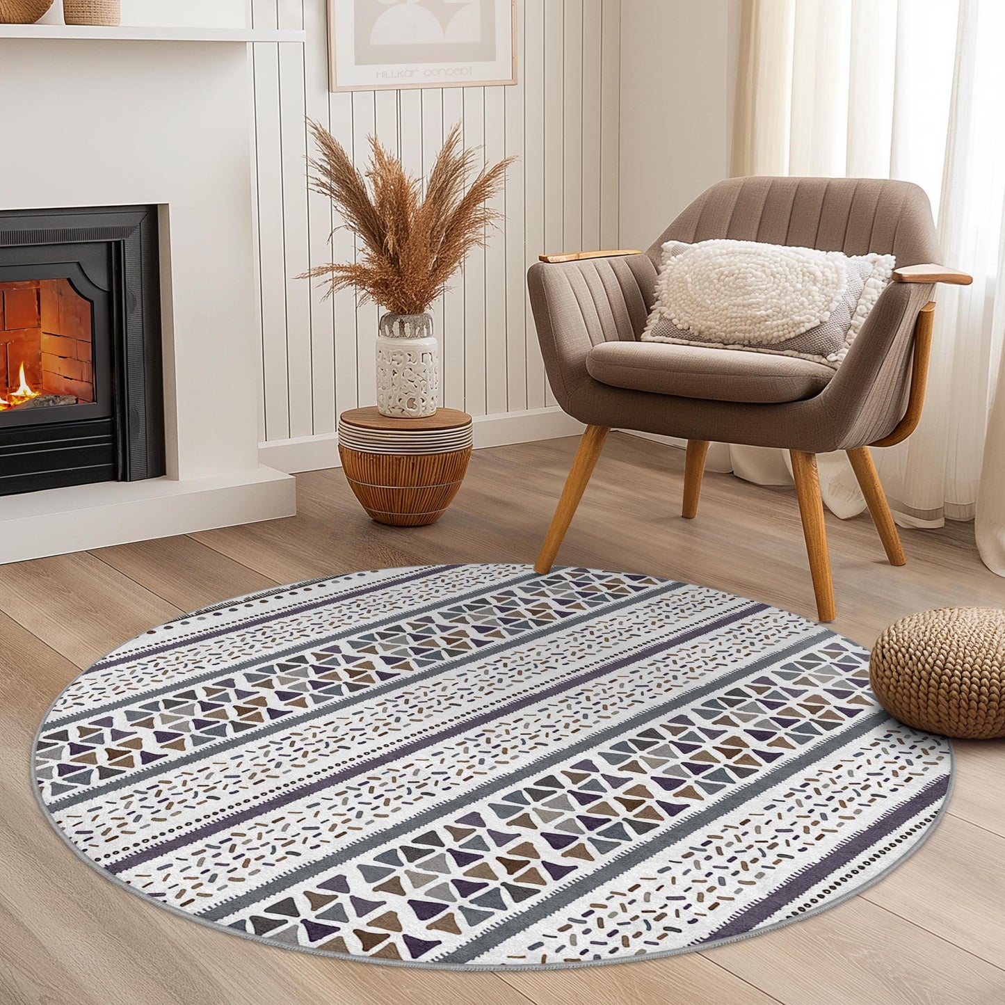 Runder Teppich mit geometrischem Muster, moderner runder Teppich, weiche Bodenmatte fürs Wohnzimmer, stilvoller runder Teppich, Wohnaccessoires