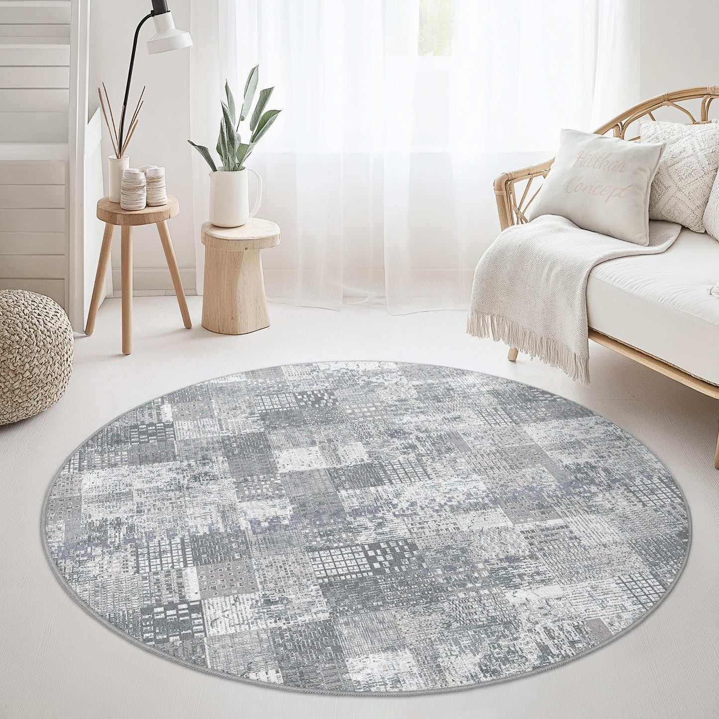 Moderner geometrischer runder Teppich, grauer Patchwork-Rundteppich, weicher Wohnzimmerteppich, zeitgenössische Wohndekoration, stilvoller runder Teppich