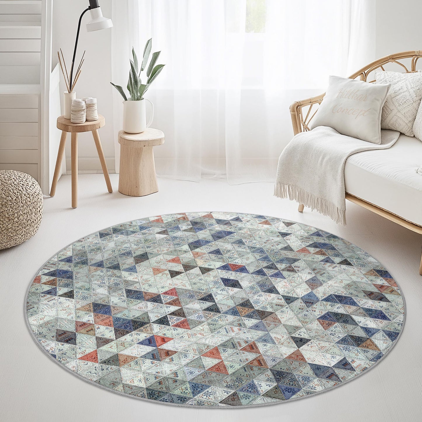 Runder Teppich mit geometrischem Muster, runder Teppich im Bohème-Stil, weicher, gemütlicher runder Teppich für Wohn- oder Schlafzimmer, dekorative Bodenmatte