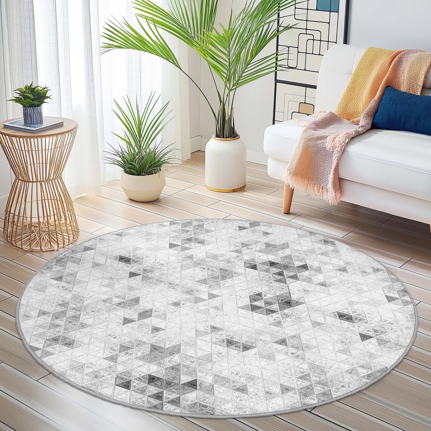 Runder Teppich mit geometrischem Dreiecksmuster, weicher runder Teppich, moderner Wohnzimmerteppich, stilvolle Wohndekoration, geometrische Fußmatte