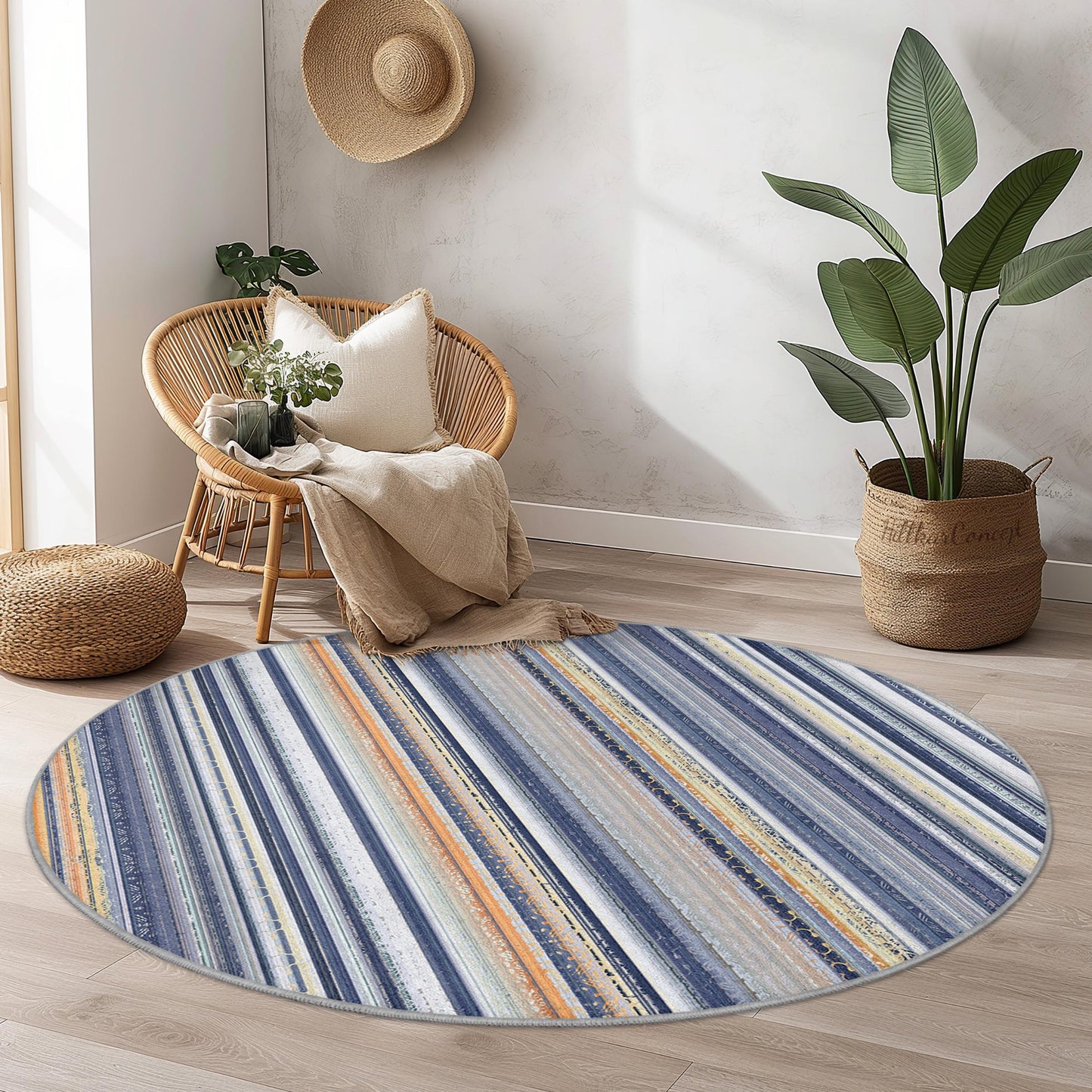 Runder Teppich mit maritimen Streifen, blau-beiger Teppich, Küstendeko fürs Kinderzimmer, weicher runder Teppich, Strandhaus-Teppich