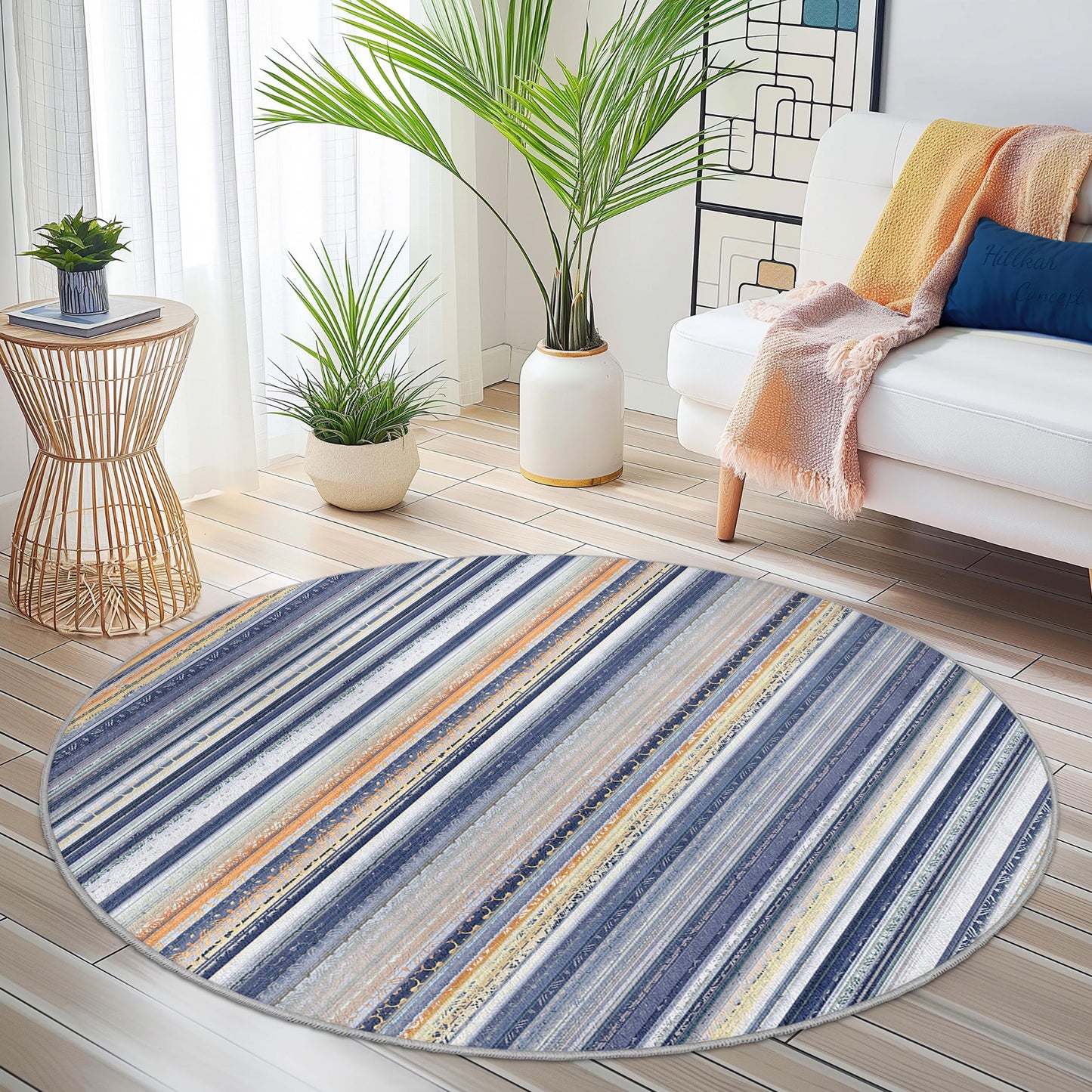 Runder Teppich mit maritimen Streifen, blau-beiger Teppich, Küstendeko fürs Kinderzimmer, weicher runder Teppich, Strandhaus-Teppich