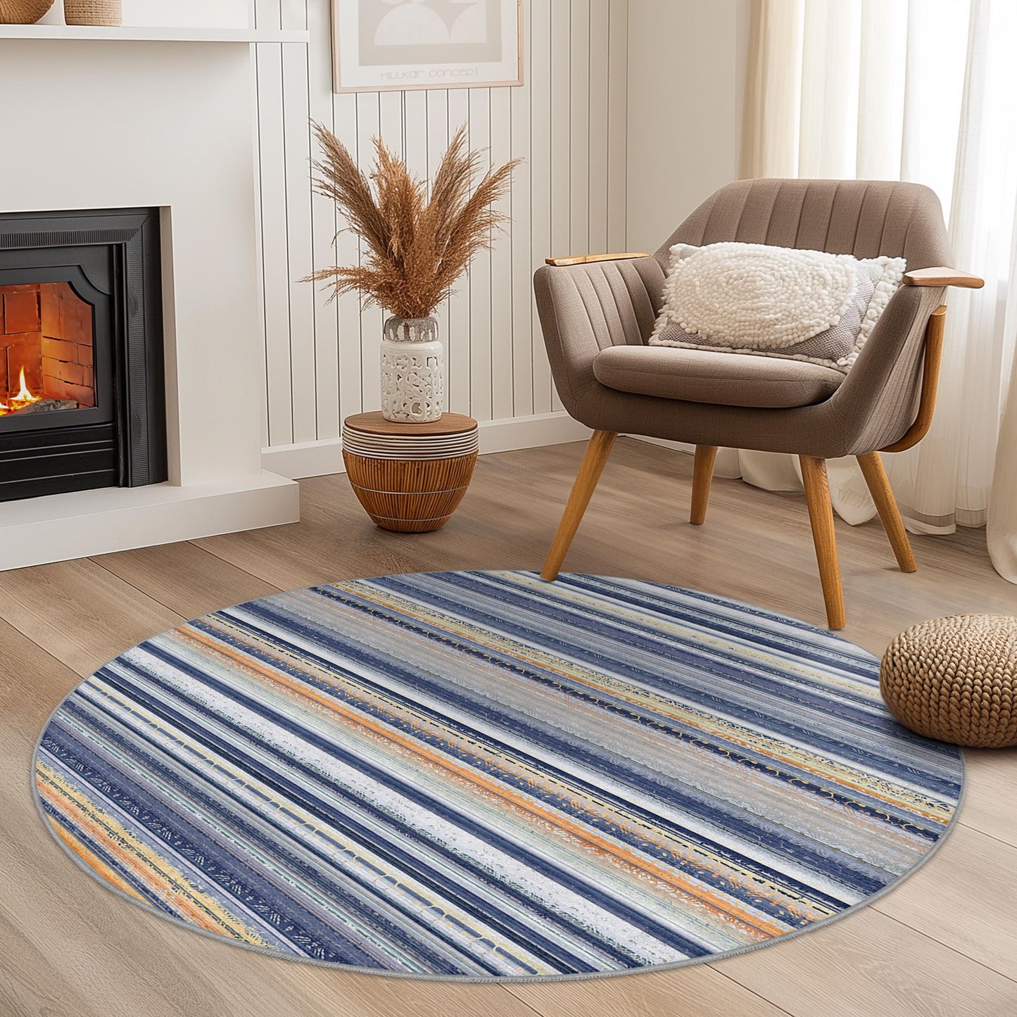 Runder Teppich mit maritimen Streifen, blau-beiger Teppich, Küstendeko fürs Kinderzimmer, weicher runder Teppich, Strandhaus-Teppich