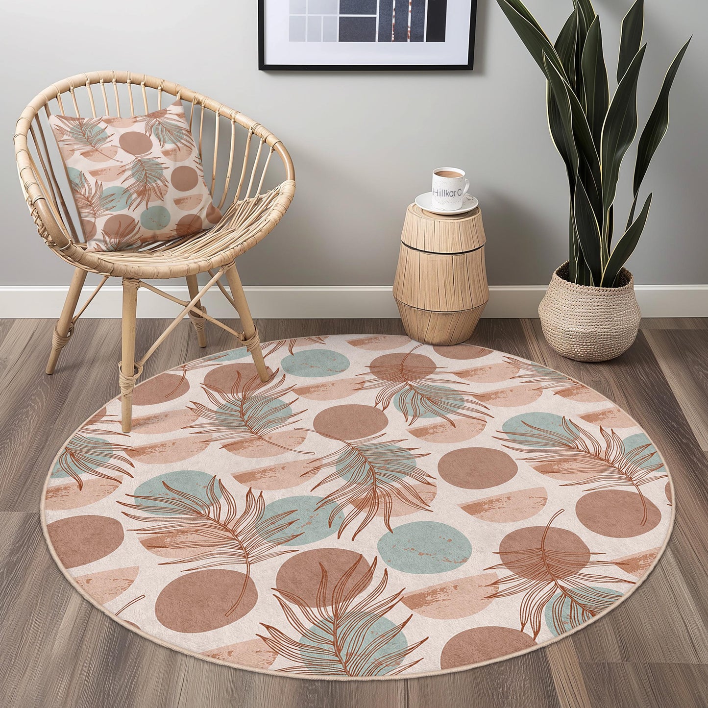 Runder Teppich mit tropischem Blattmuster, Boho-Kreisteppich, weicher runder Teppich fürs Wohnzimmer, runde Matte mit Blumenmuster, Wohnaccessoires