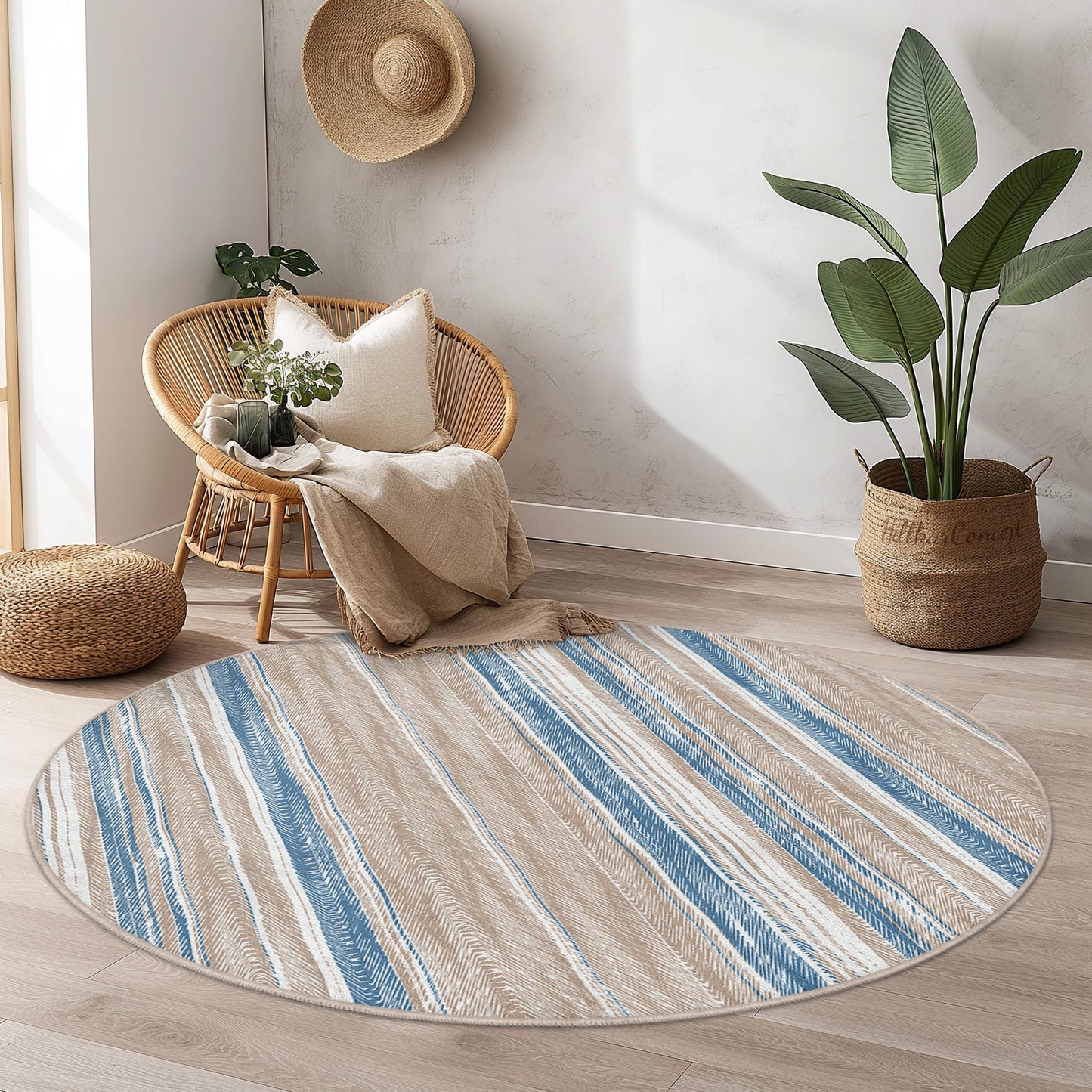 Modern Striped Round Area Rug, Soft Circular Carpet, Bohemian Style Living Room Decor, Cozy Bedroom Rug, Indoor Home Flooring