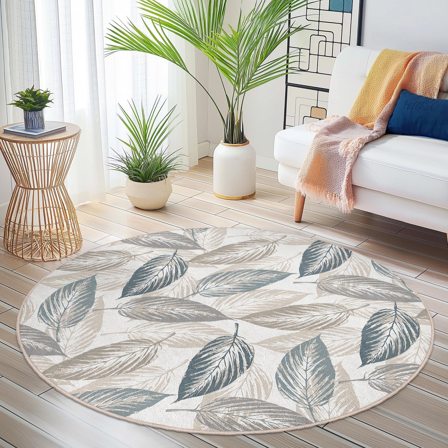 Eleganter runder Teppich mit Blattmuster, botanisches Blattdesign, weicher runder Teppich für Wohnzimmer, Schlafzimmer und andere Wohnräume