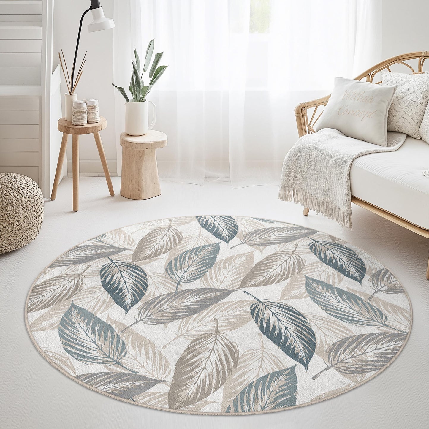 Eleganter runder Teppich mit Blattmuster, botanisches Blattdesign, weicher runder Teppich für Wohnzimmer, Schlafzimmer und andere Wohnräume