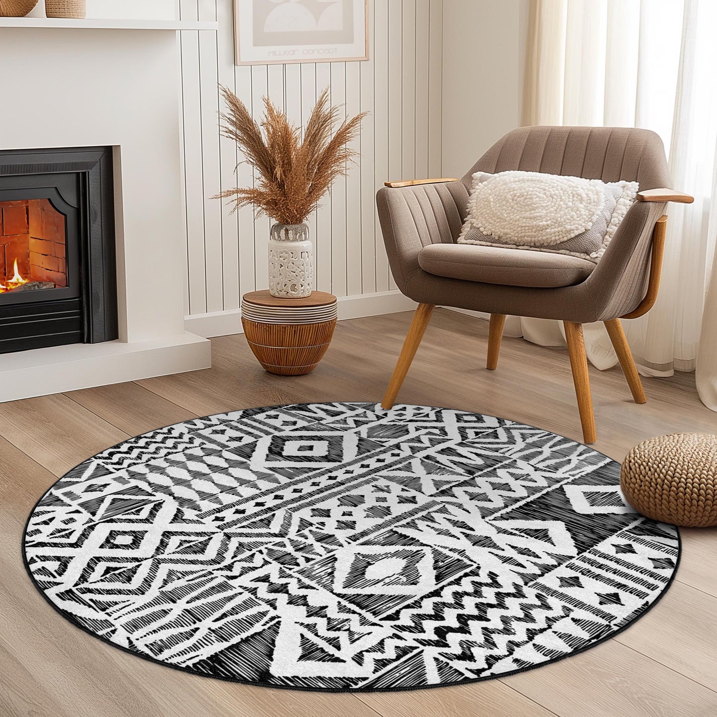 Moderner runder Teppich mit geometrischem Muster in Schwarz-Weiß, stilvoller runder Teppich für die Wohneinrichtung, zeitgenössischer runder Teppich, einzigartiges Wohnzimmer-Accessoire