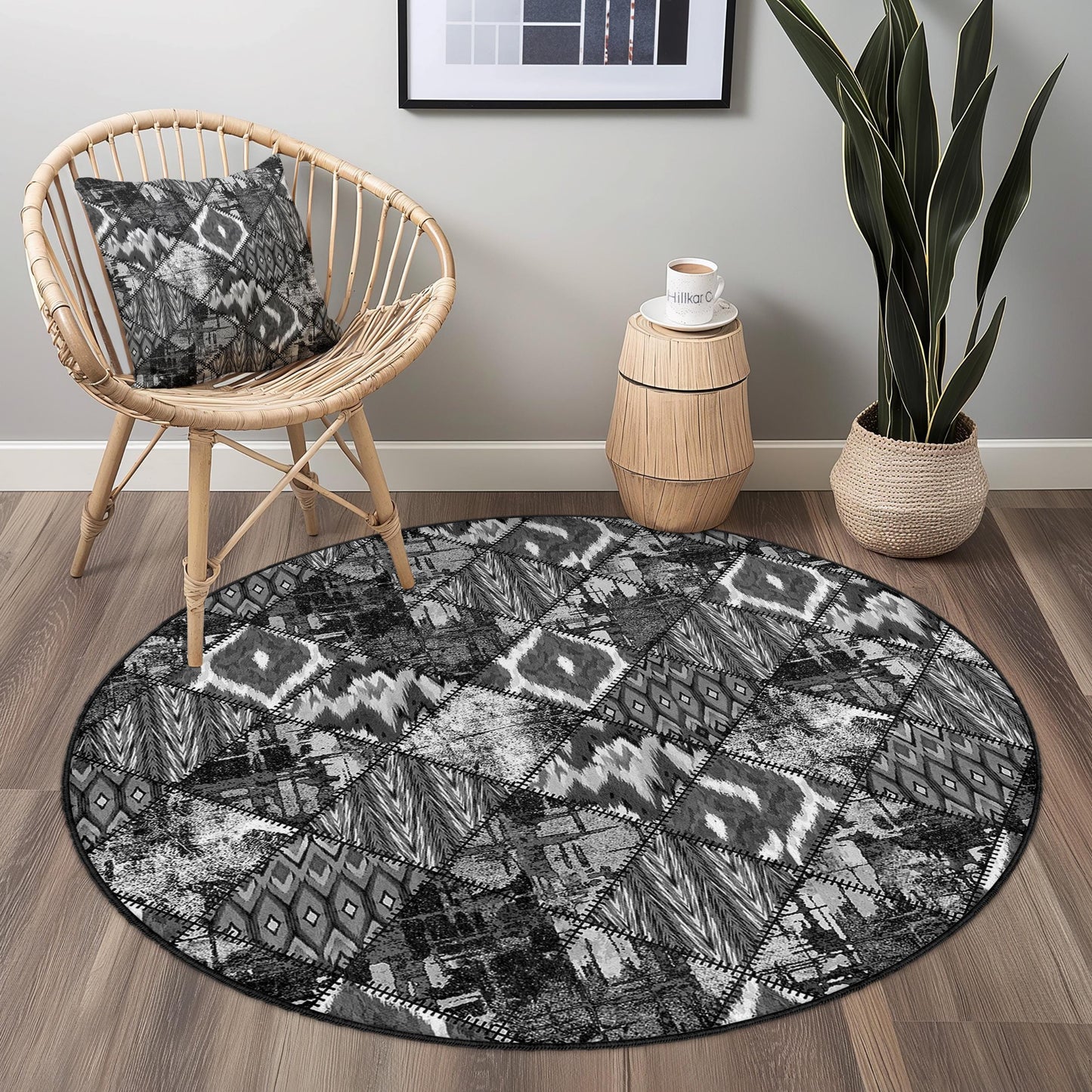 Geometrischer runder Teppich in Schwarz-Weiß, moderner Kreisteppich, Boho-Chic-Wohnzimmerdeko, weicher runder Teppich, stilvolles Wohnaccessoire