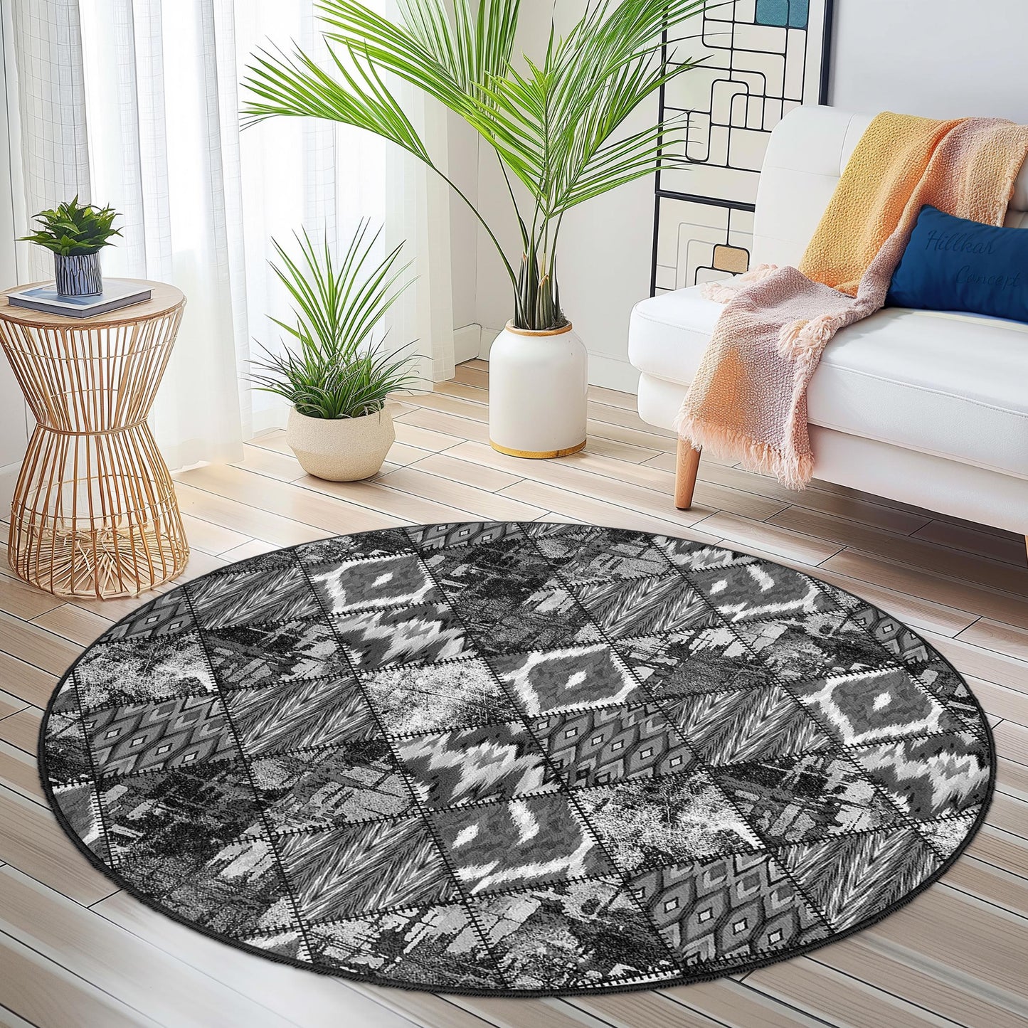 Geometrischer runder Teppich in Schwarz-Weiß, moderner Kreisteppich, Boho-Chic-Wohnzimmerdeko, weicher runder Teppich, stilvolles Wohnaccessoire