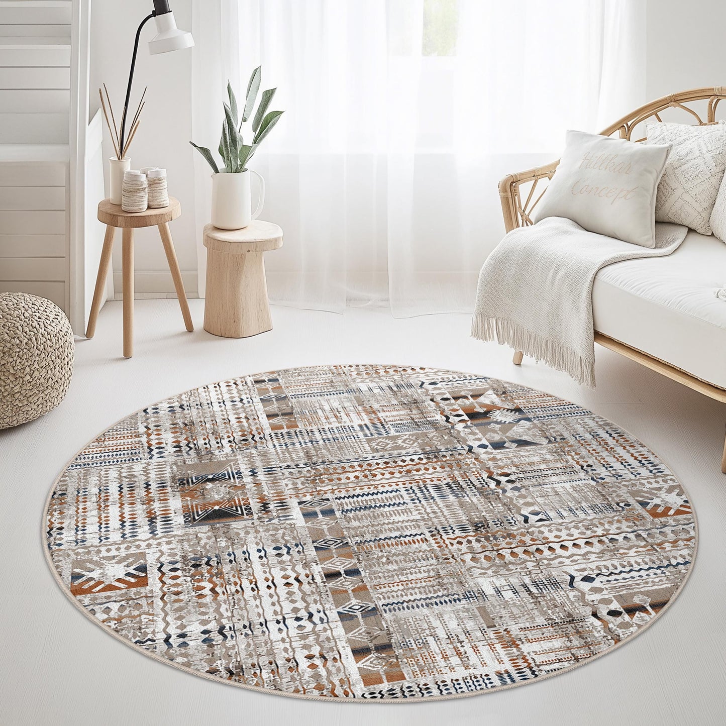 Runder Teppich im Boho-Stil, gemusterter runder Teppich, gemütliche Wohnzimmerdekoration, einzigartiger runder Teppich, modernes Heimtextil, schicker Bodenbelag