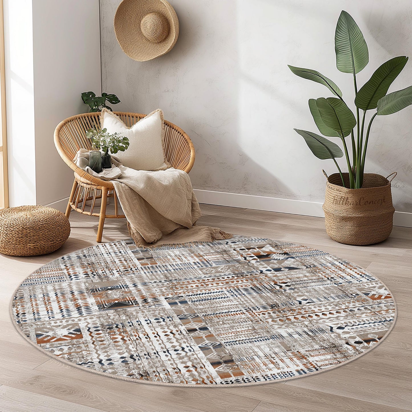 Runder Teppich im Boho-Stil, gemusterter runder Teppich, gemütliche Wohnzimmerdekoration, einzigartiger runder Teppich, modernes Heimtextil, schicker Bodenbelag