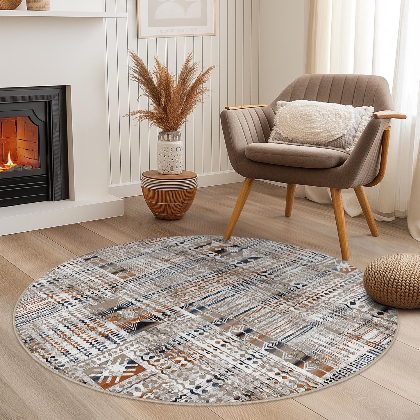 Runder Teppich im Boho-Stil, gemusterter runder Teppich, gemütliche Wohnzimmerdekoration, einzigartiger runder Teppich, modernes Heimtextil, schicker Bodenbelag
