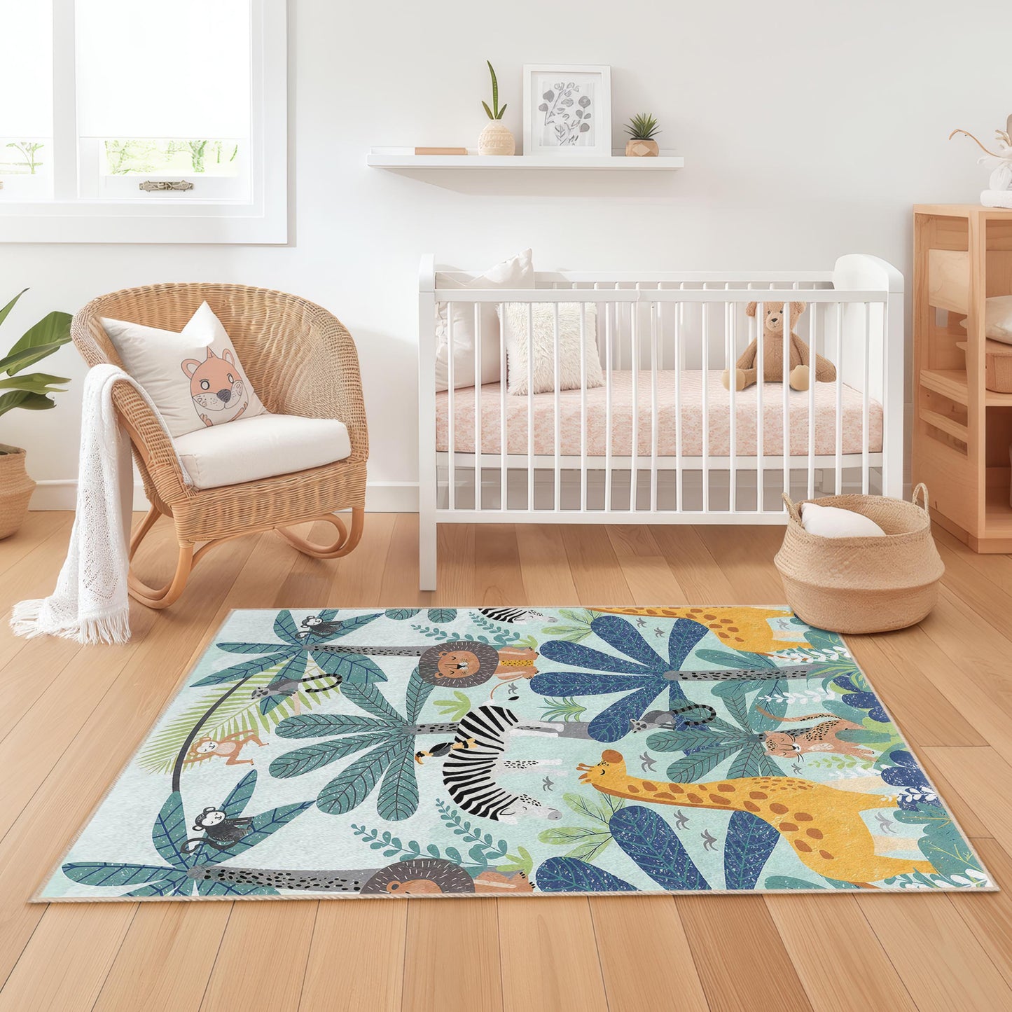 Dschungel-Safari-Kinderteppich, rechteckiger Teppich mit Tiermotiven für Kinderzimmer und Spielzimmer, weicher Teppich für Kinder