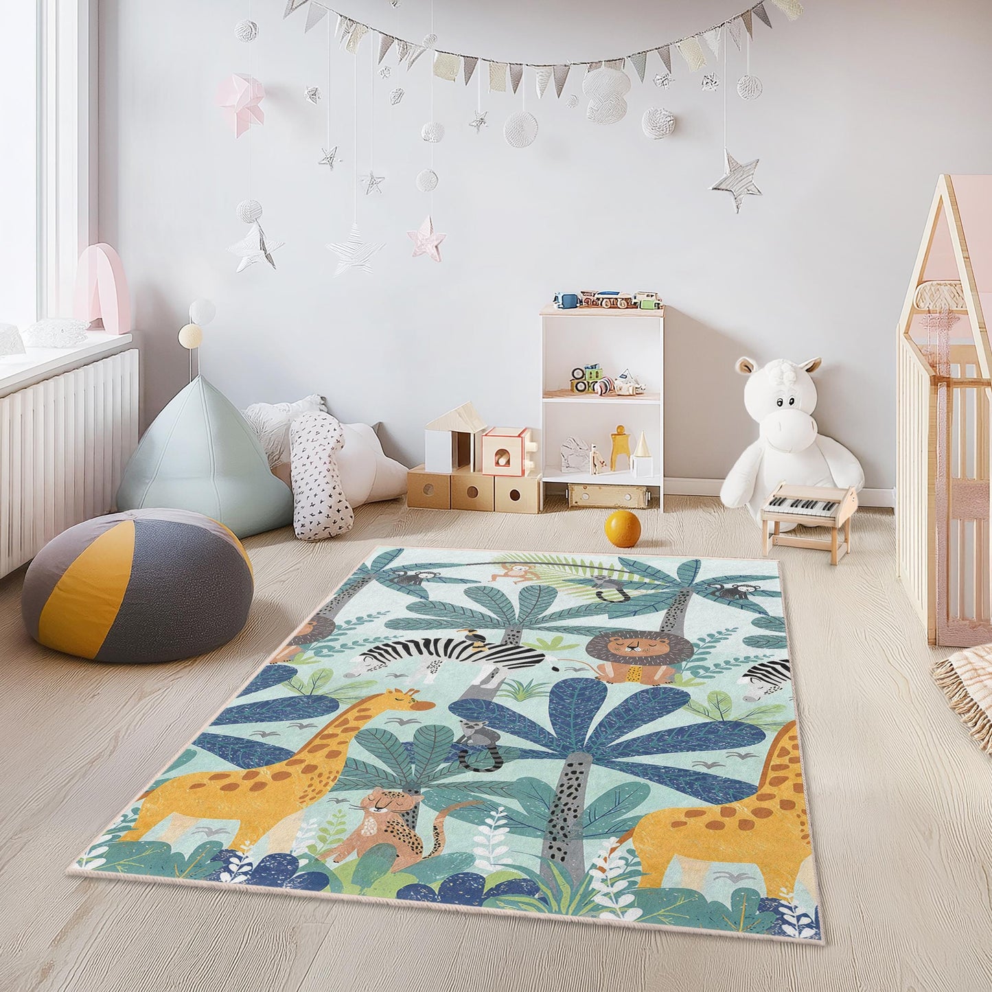 Dschungel-Safari-Kinderteppich, rechteckiger Teppich mit Tiermotiven für Kinderzimmer und Spielzimmer, weicher Teppich für Kinder