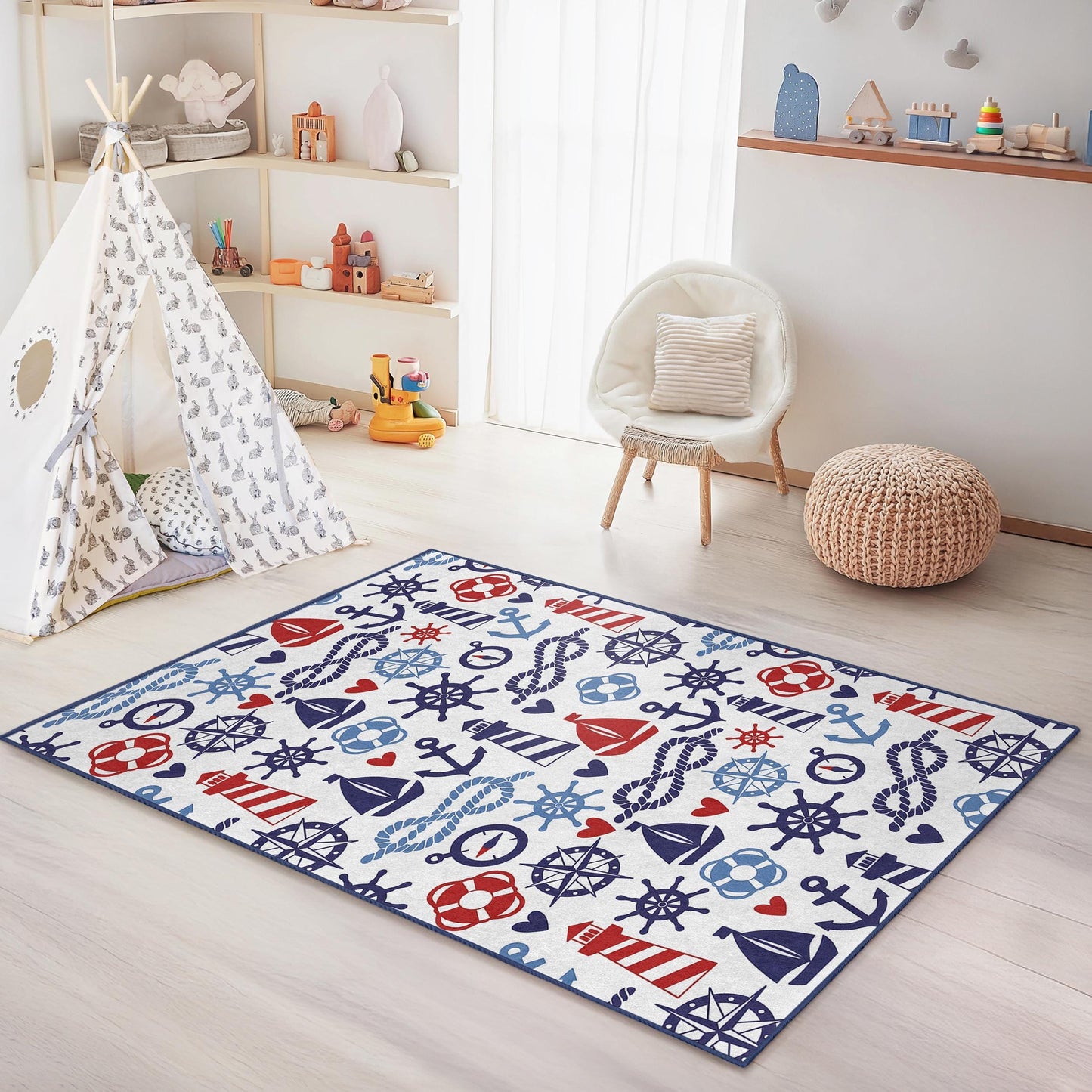Maritimer Abenteuer-Kinderteppich, rechteckiger Teppich mit Segelbootmuster, maritime Spielmatte für Kinder