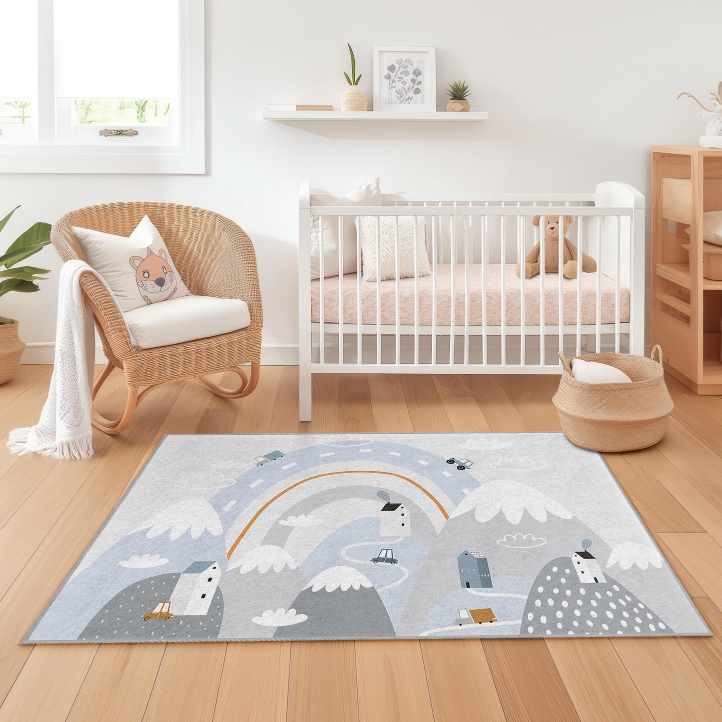 Verspielter rechteckiger Kinderteppich mit Straßenkartenmotiv, Spielteppich für Kinderzimmer, weiche Kinderzimmerdekoration, interaktive Spielmatte