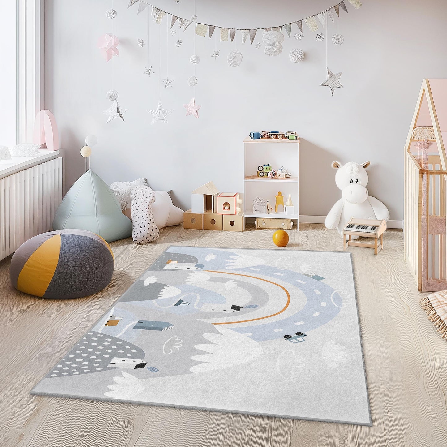 Verspielter rechteckiger Kinderteppich mit Straßenkartenmotiv, Spielteppich für Kinderzimmer, weiche Kinderzimmerdekoration, interaktive Spielmatte
